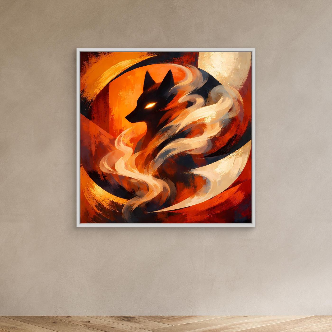 Quadratisches Leinwand-Wandbild mit schwarzem Wolfskopf, Feuernebel in Orange/Rot und weißem Rahmen