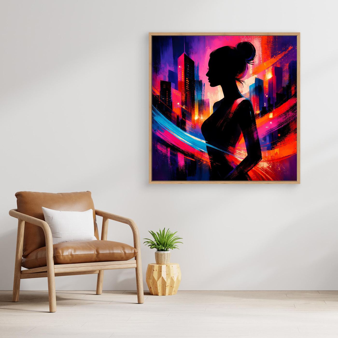Quadratisches Leinwandbild mit Stadt-Silhouette und Frau im Profil, Neonfarben, brauner Rahmen