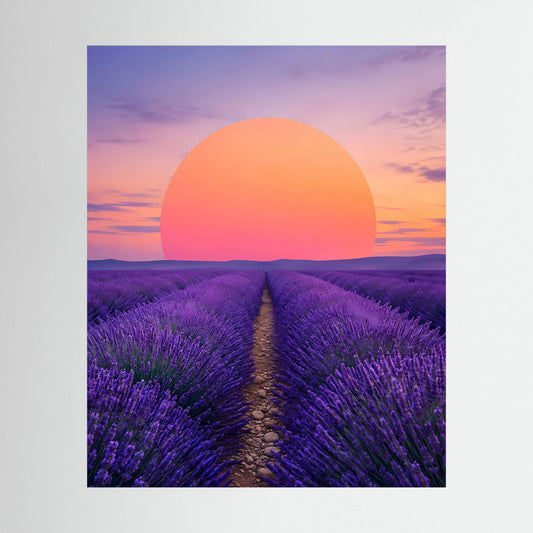 Hochformat-Poster: lila Lavendelfeld mit Mittelweg und orangefarbener Sonne am Abendhimmel