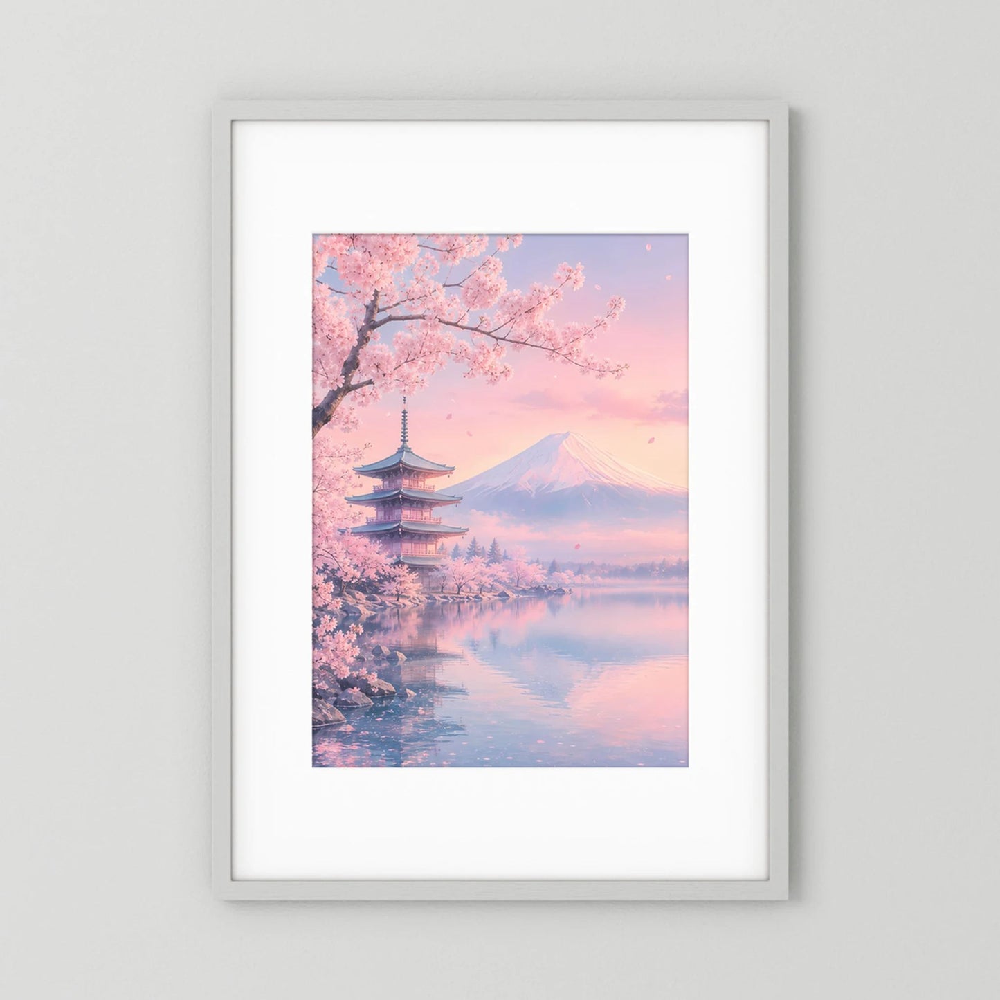 Hochformatiges Poster mit Kirschblüten, Pagode und Fuji in Pastellrosa