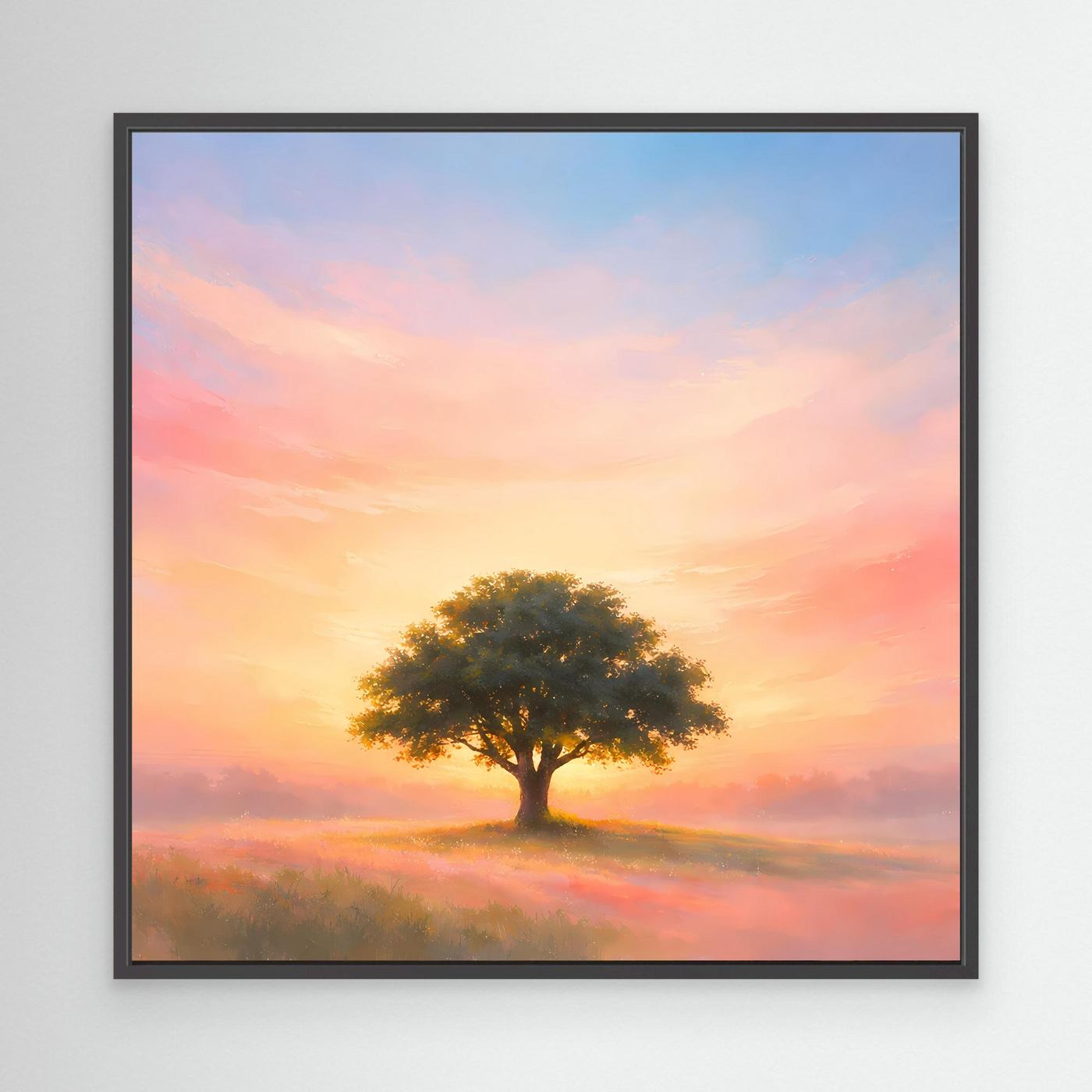 Wandbild mit einsamem Baum beim Sonnenaufgang, Pastell, schwarzer Rahmen
