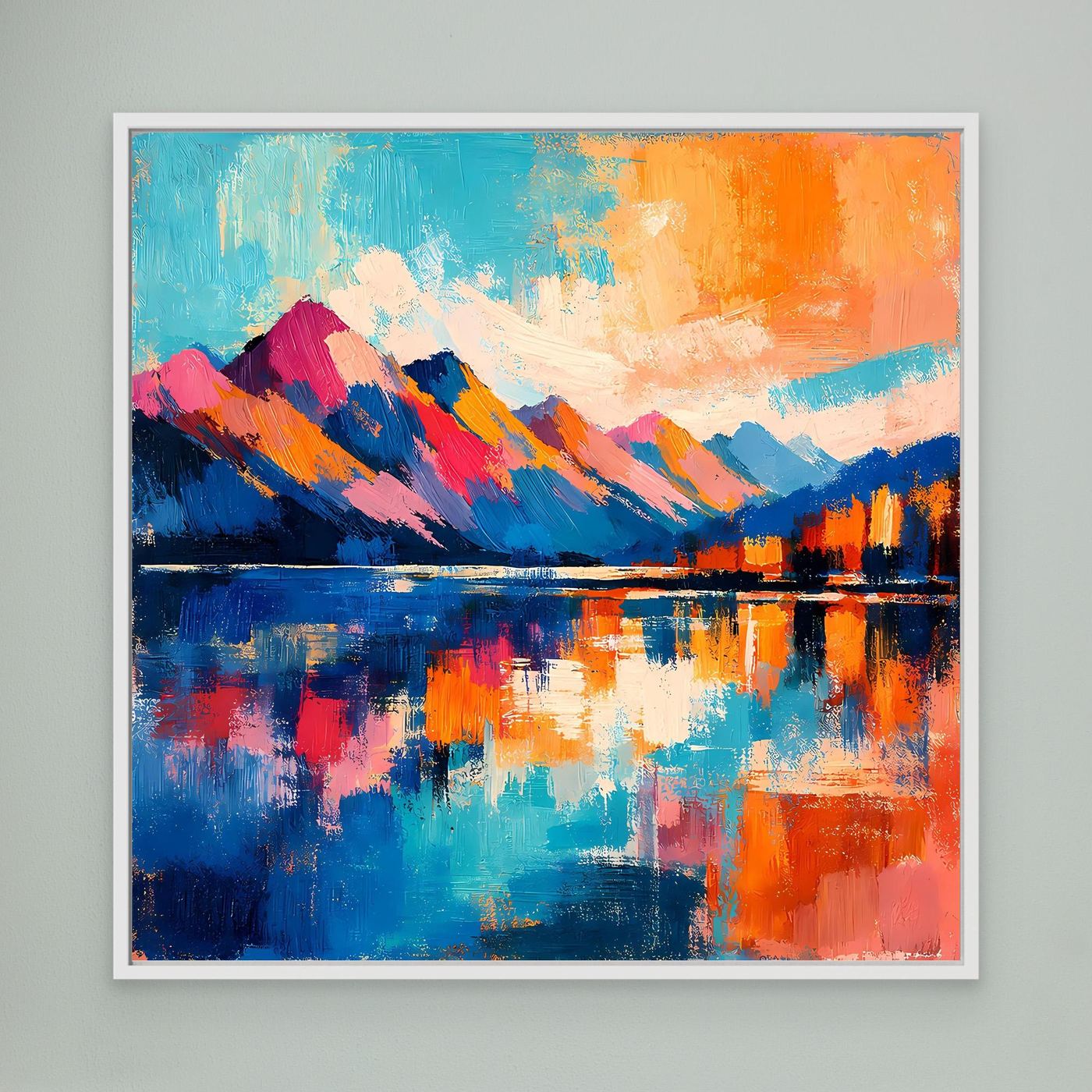 Gerahmtes Leinwandbild mit abstrakten Bergzügen und Spiegelung am See, türkis-orange-blau