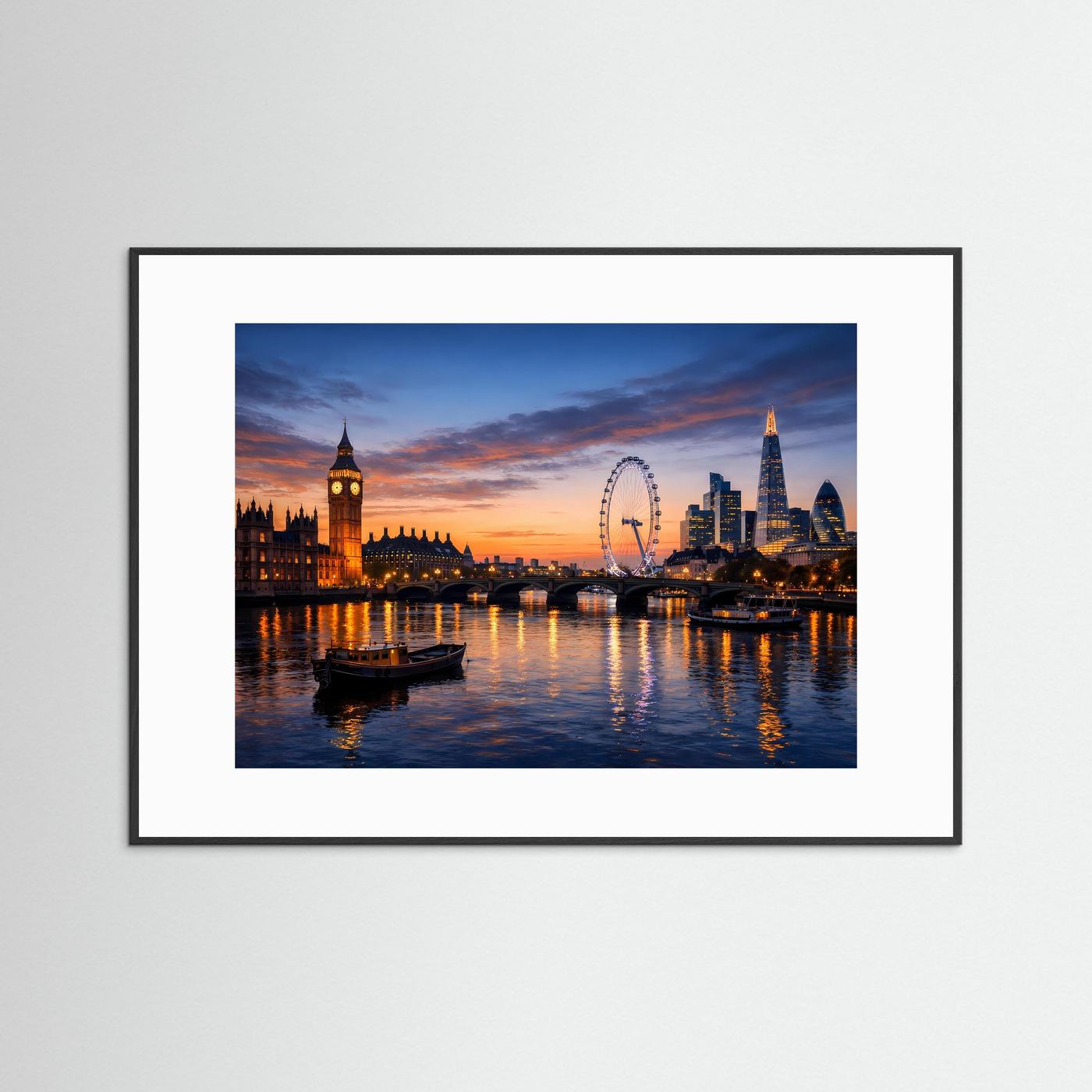 Gerahmtes Poster mit schwarzem Holzrahmen und weißem Rand: London Skyline