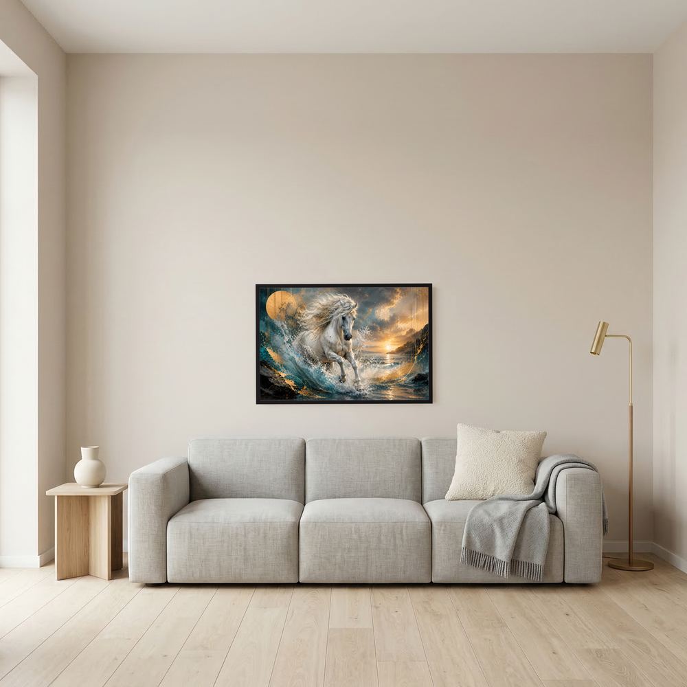 Kleines Querformat-Poster mit weißem Pferd in türkis-goldenen Wellen, schwarzer Rahmen.