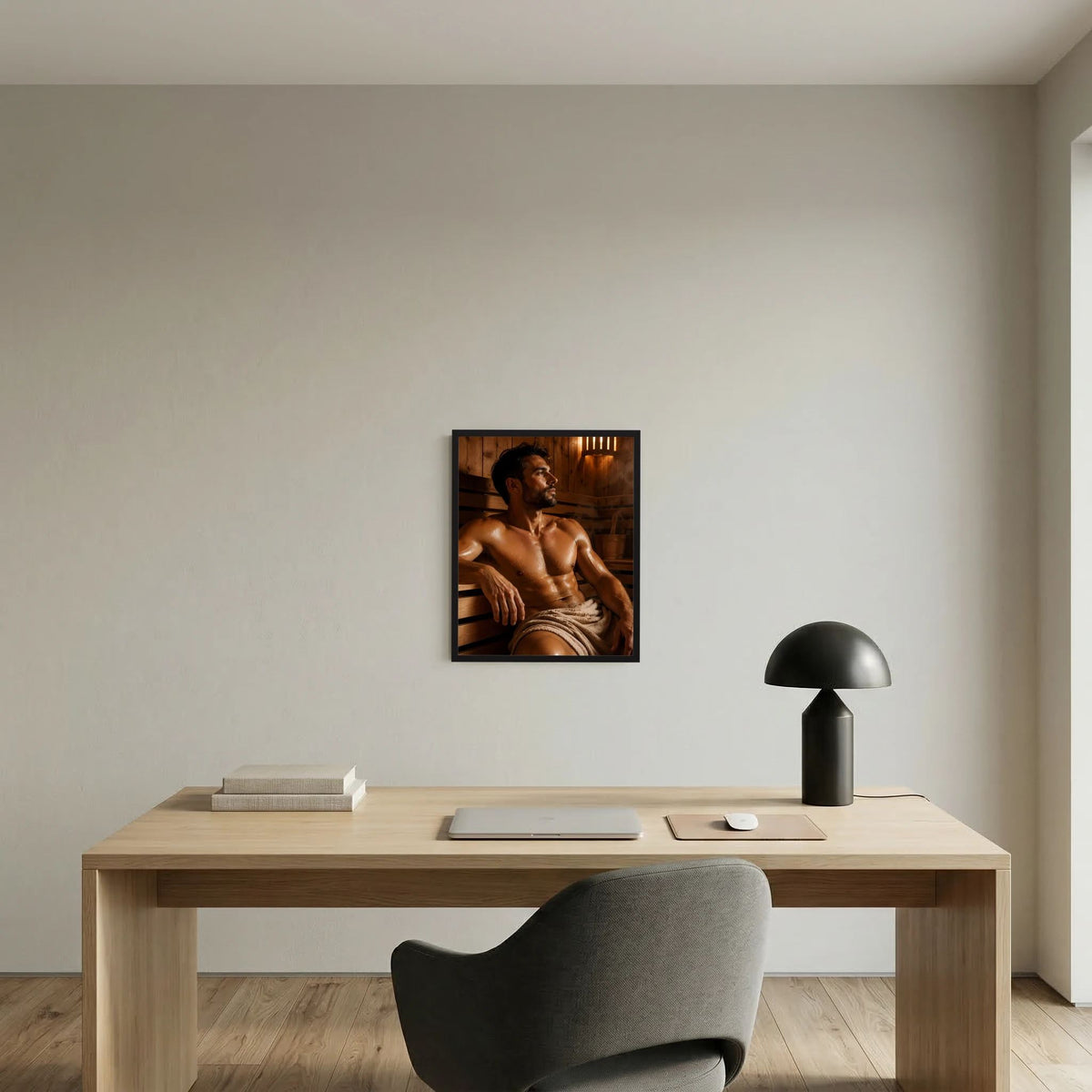 Sauna-Wandposter im Hochformat mit schwarzem Rahmen: Mann in der Sauna, Handtuch um die Hüften