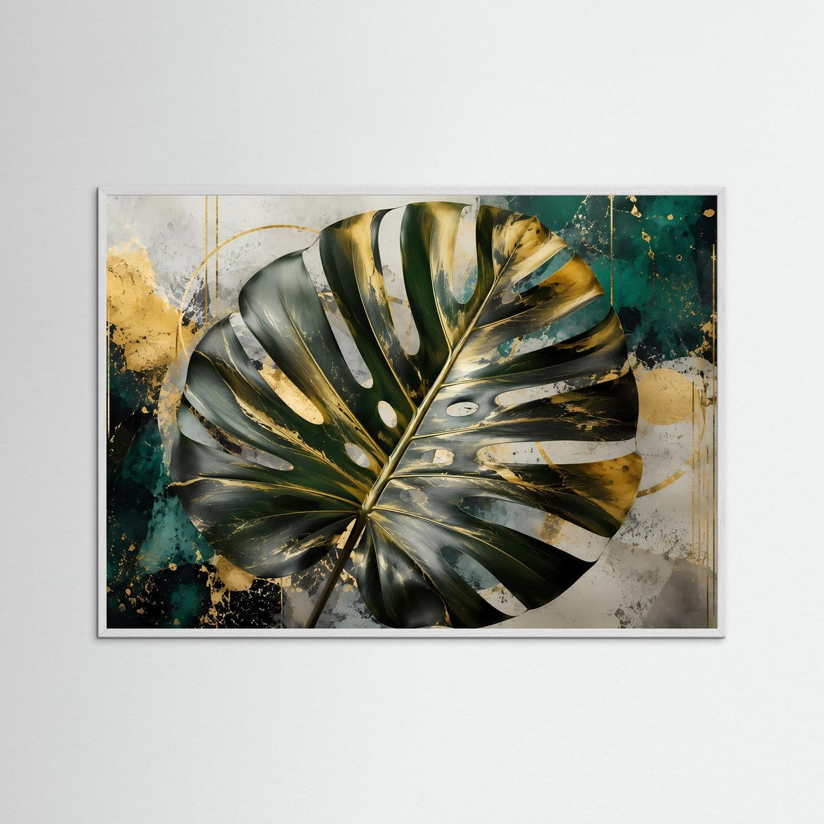 Wandbild mit Monstera-Blattmotiv in Gold und Grün, mit hellgrauem Holzrahmen