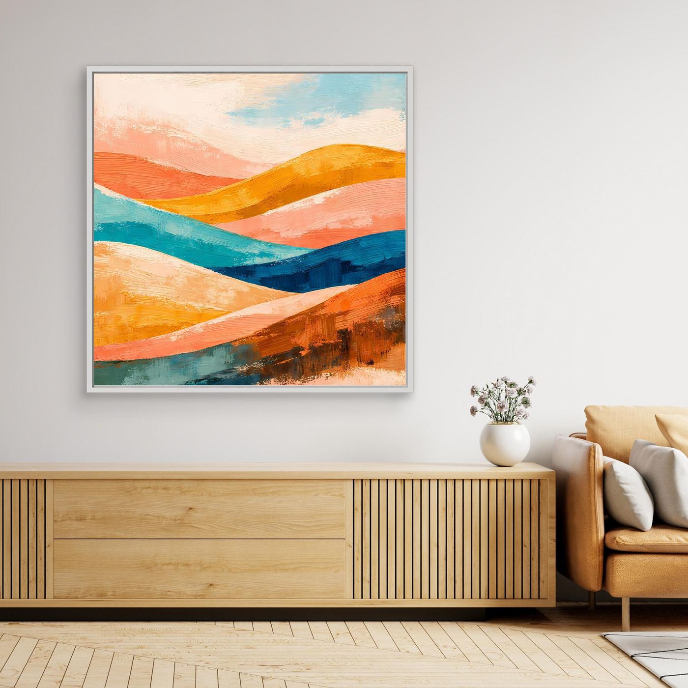 Abstract landscape wall art print with colorful curved hills, light frame