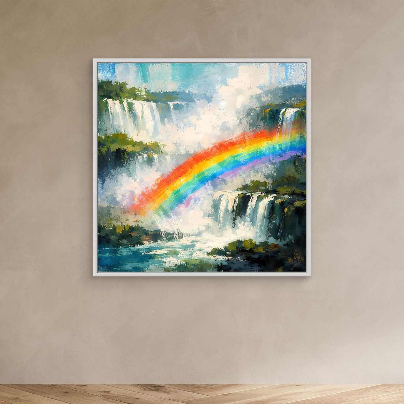 Leinwand-Wandbild Wasserfall mit Regenbogen im weißen Rahmen, abstraktes Naturmotiv