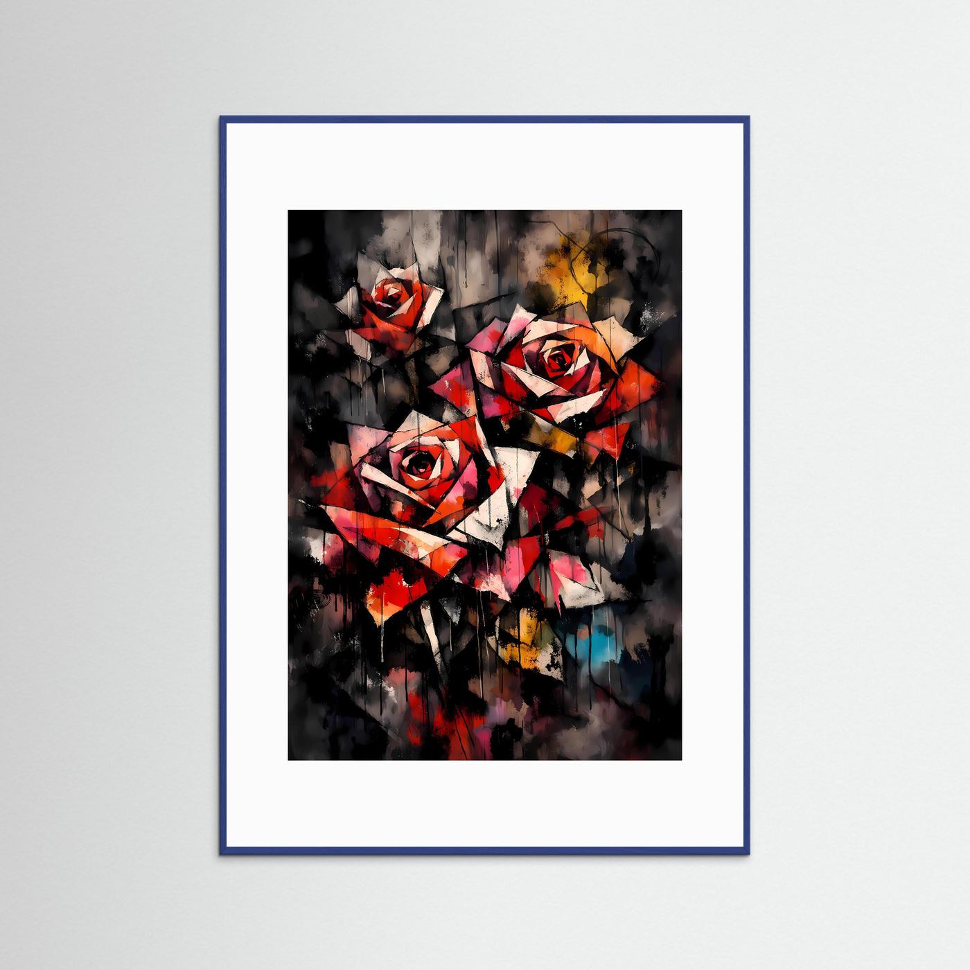 Ewige Eleganz | Abstraktes Rote Rosen Poster im geometrischen Kubismus-Stil | Modernes Blumen Kunstposter Hochformat