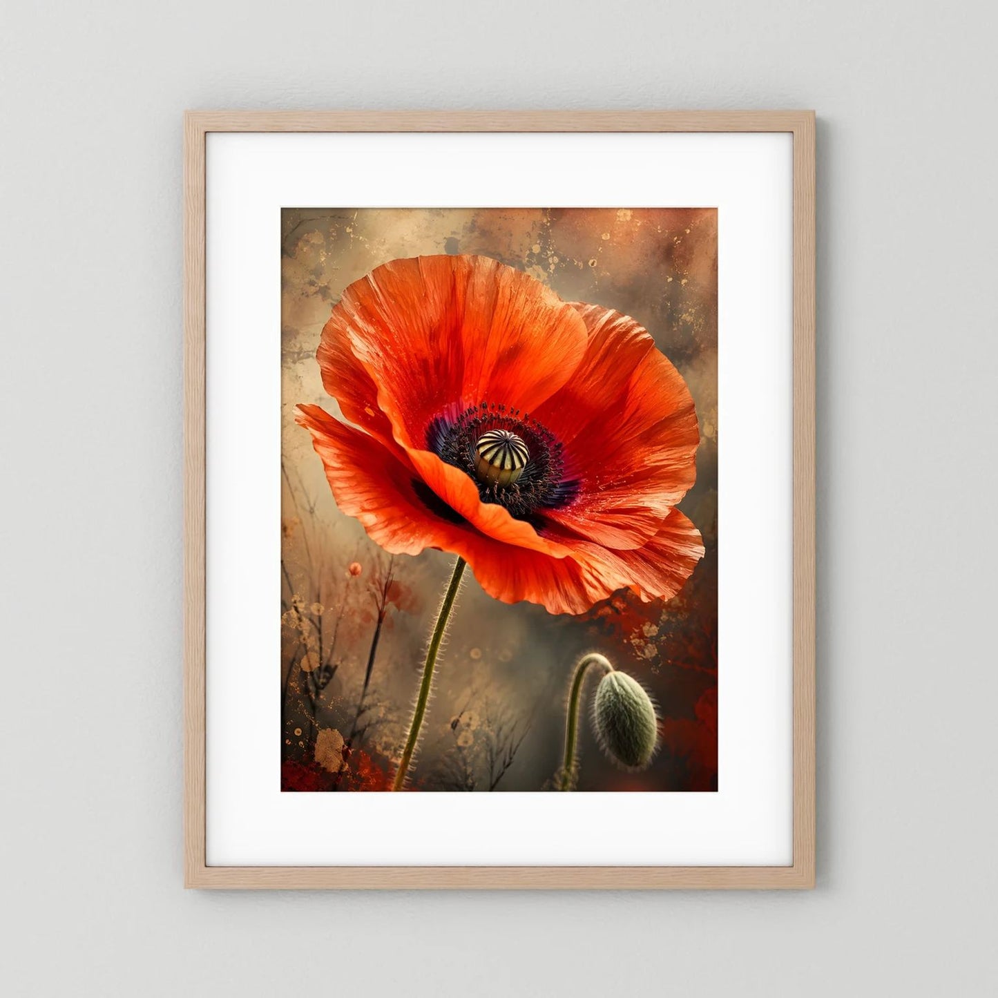 Mohnblumen-Poster mit roter Mohnblüte in Nahaufnahme, heller Holzrahmen mit weißem Rand