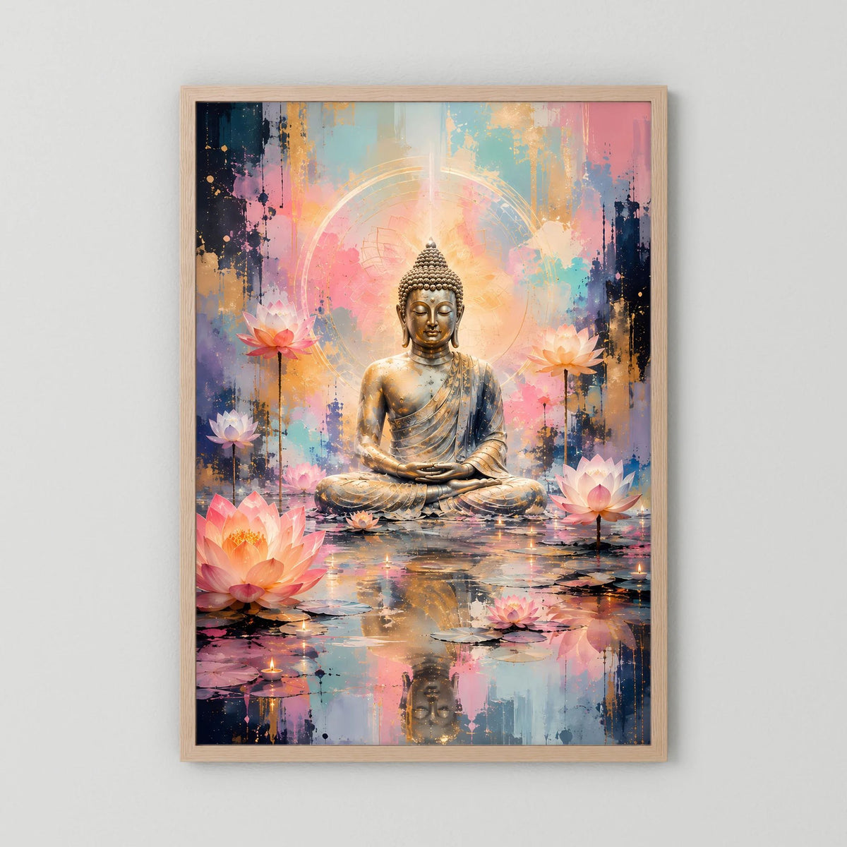 Poster: meditierender Buddha, goldene Statue mit Lotusblüten, Pastell-Abstraktmotiv im hellen Holzrahmen