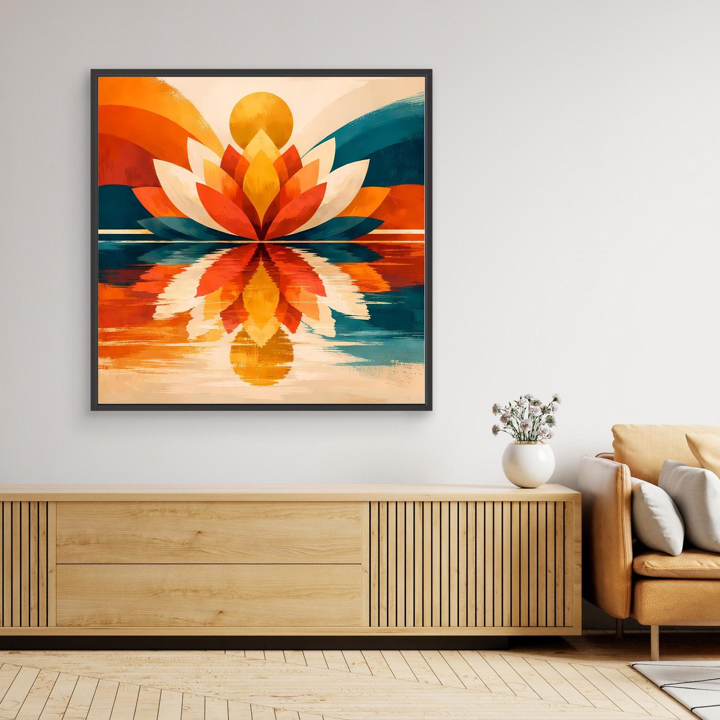 Leinwandbild mit symmetrischer Lotusblüte in Orange und Blau, schwarzer Rahmen