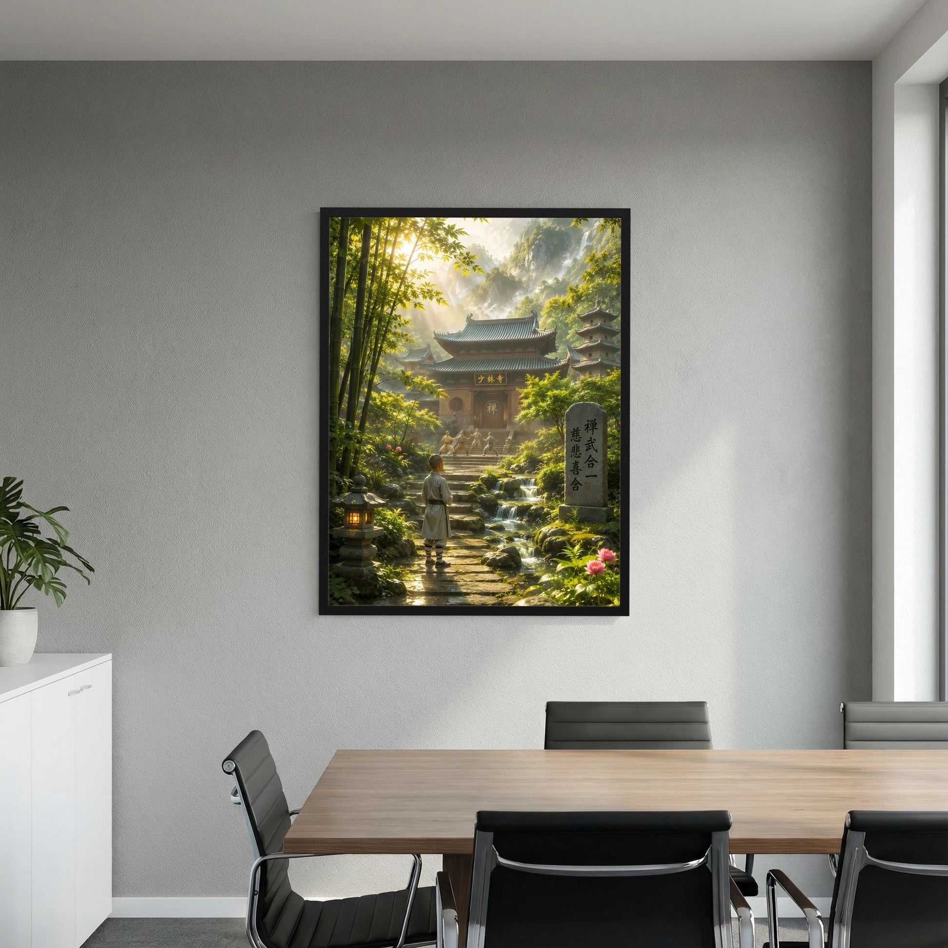 Poster mit Tempel im Bambuswald, farbige Blumen im Vordergrund, schwarzer Rahmen