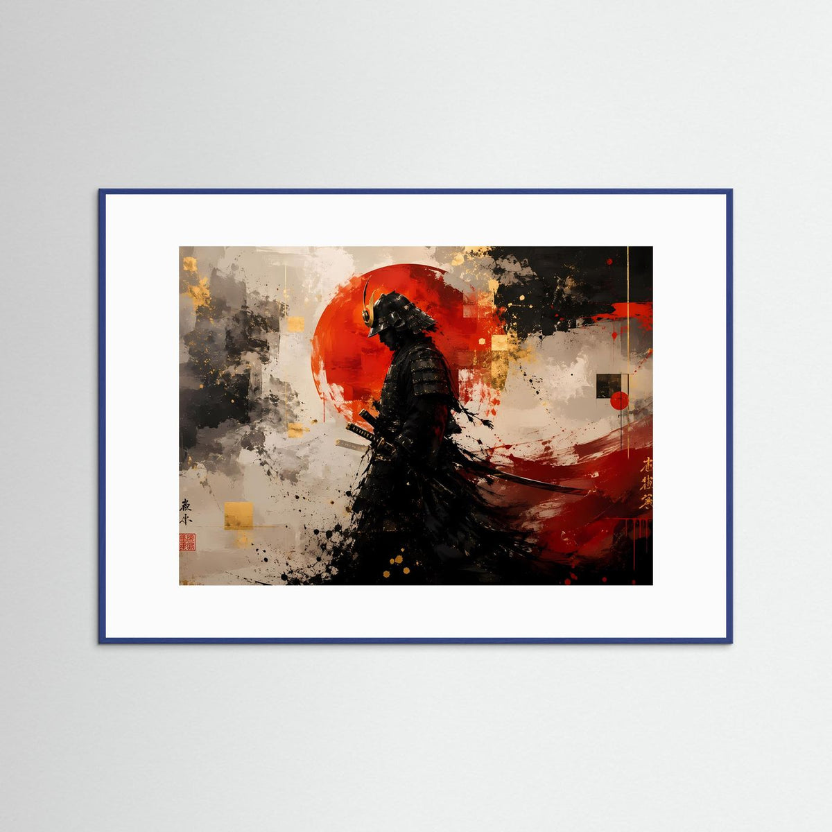 Japan-Art Poster mit weißem Passepartout und blauem Rahmen: Samurai-Silhouette vor roter Sonne