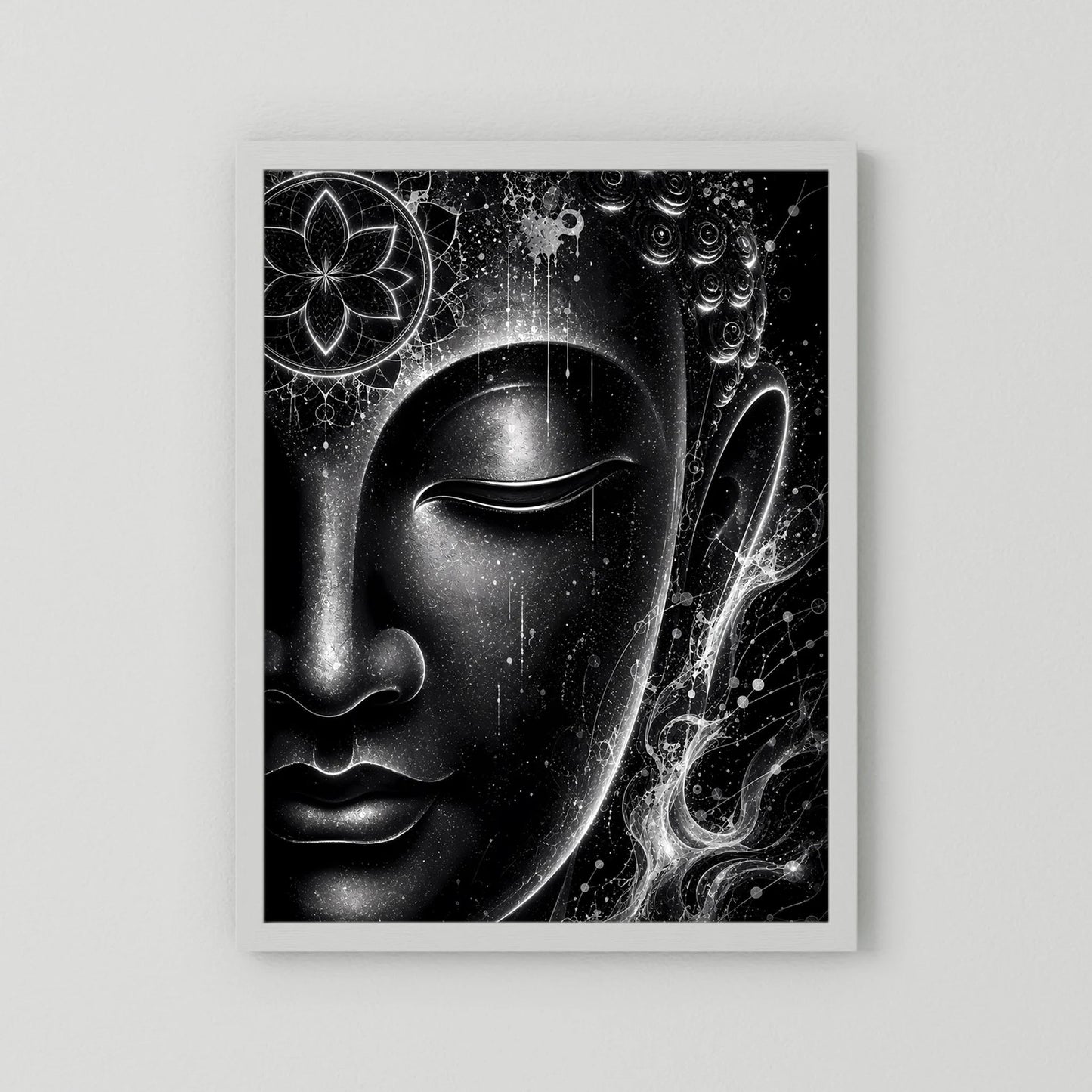 Poster mit Buddha-Gesicht in Schwarzweiß, Mandala und Lichtenergien, weiße Umrandung, Hochformat