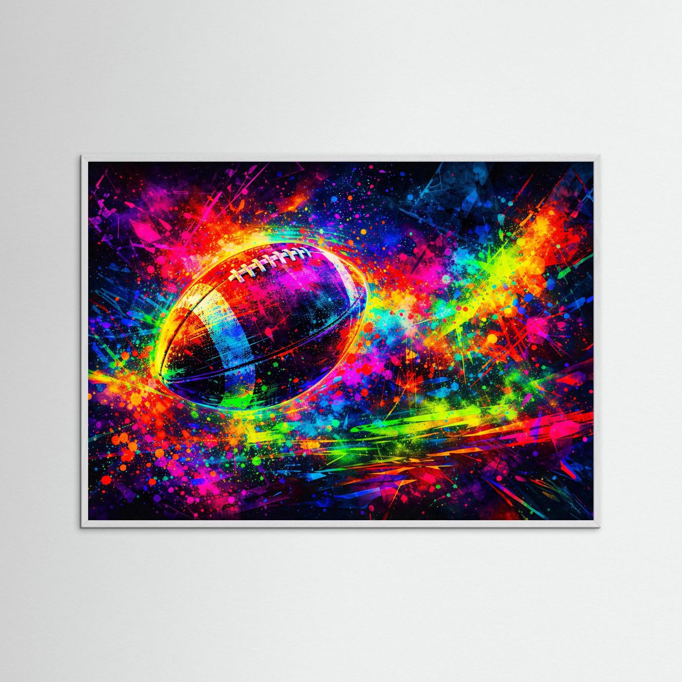 Neon-Sportposter mit Fußballmotiv, kräftigen Neonfarben und im Holzrahmen