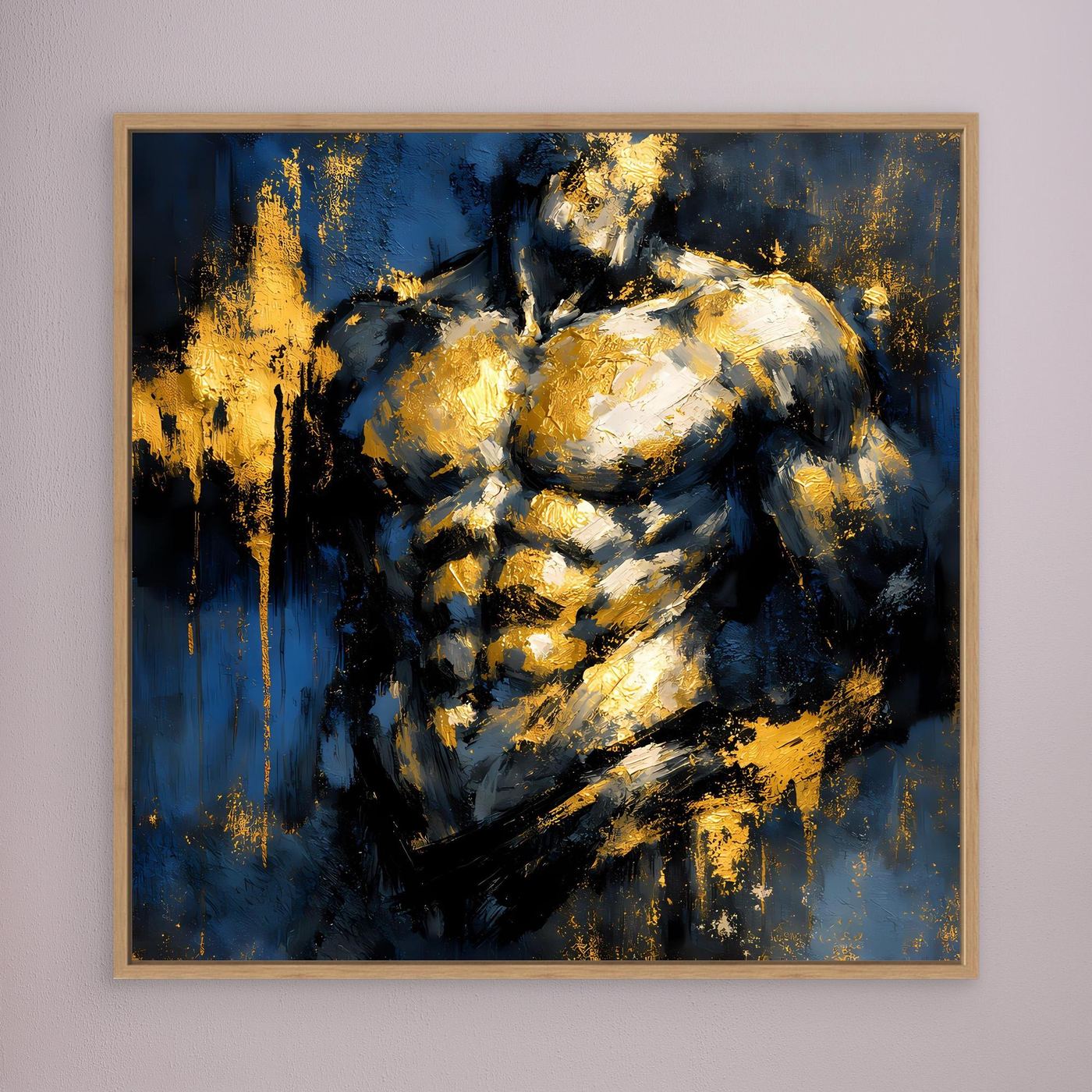 Leinwand Kraftvoller Männlicher Torso in Gold und Blau | Abstraktes Bodybuilding Wandbild