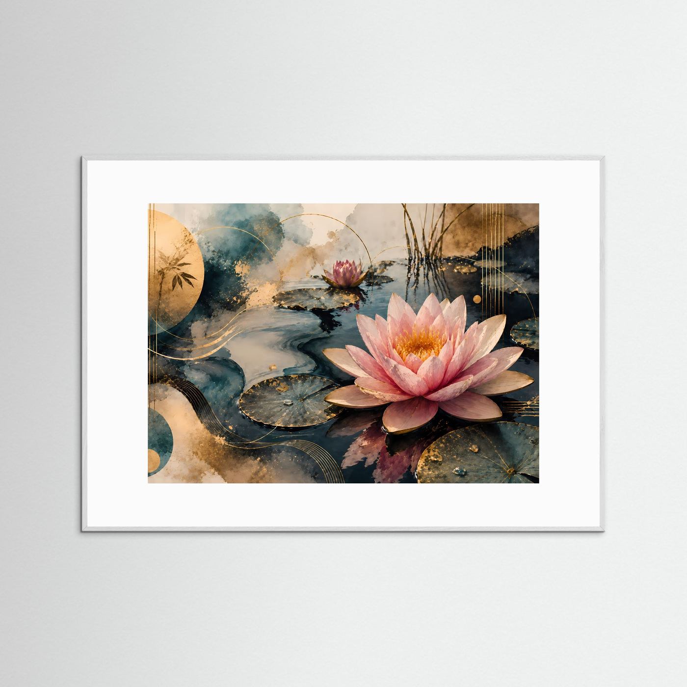 Querformat-Poster mit rosa Seerosen auf dunklem Wasser, weiß gerahmt