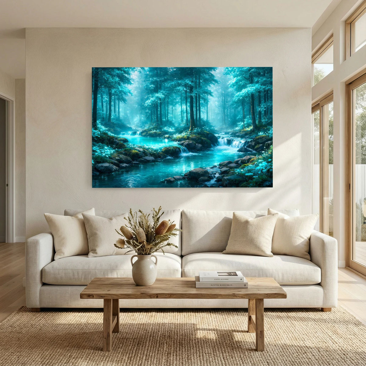 Wandbild: türkisfarbener Bach durch grünen Wald, Motiv im Querformat