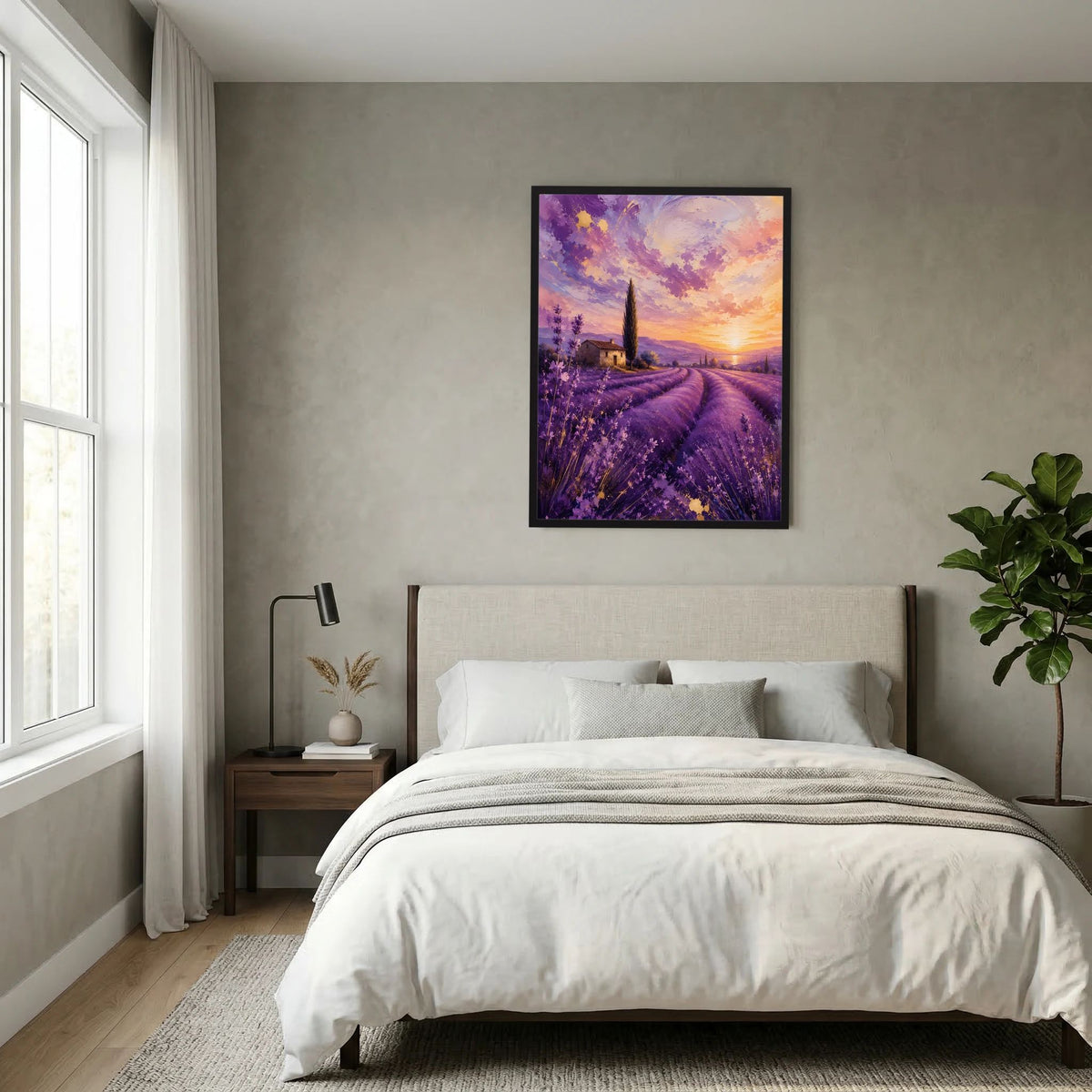 Gerahmtes Hochformat-Poster mit Lavendelweg, Kirchturm und violett-goldenem Sonnenuntergang