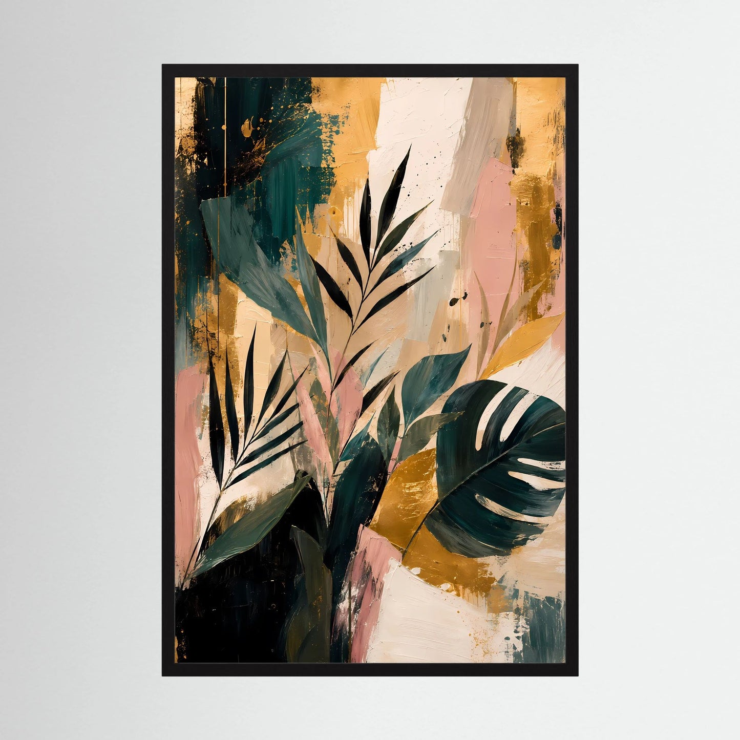 Abstrakte tropische Blätter | Botanische Kunst in Petrol, Rosa und Gold | Poster Hochformat