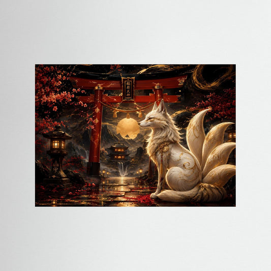 Japanisches Kunstposter mit gold-weißem Fabelwesen vor roten Torii-Toren und Laternen