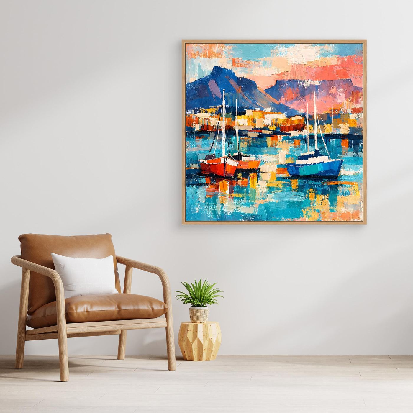Gerahmtes abstraktes Leinwand-Wandbild mit Segelbooten im Hafen und türkisblauem Wasser