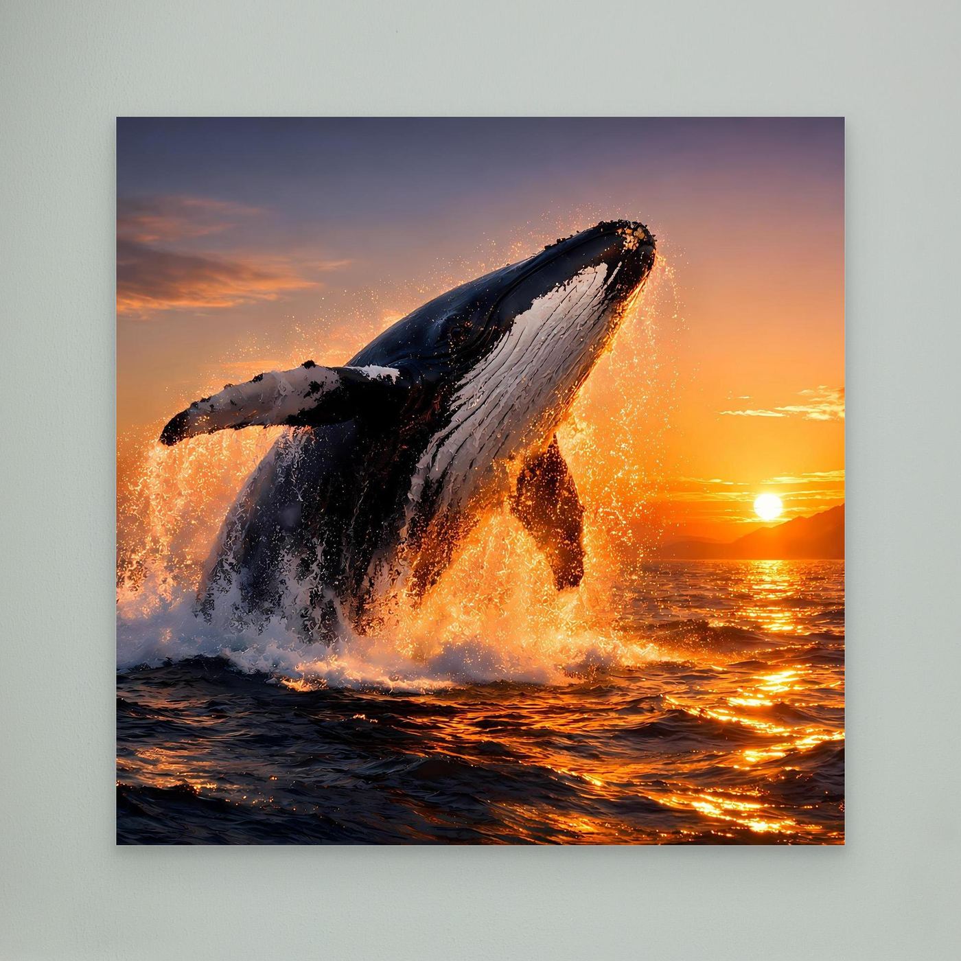 Leinwandbild mit springendem Buckelwal am Meer, mit Spritzwasser und Sonnenuntergang.