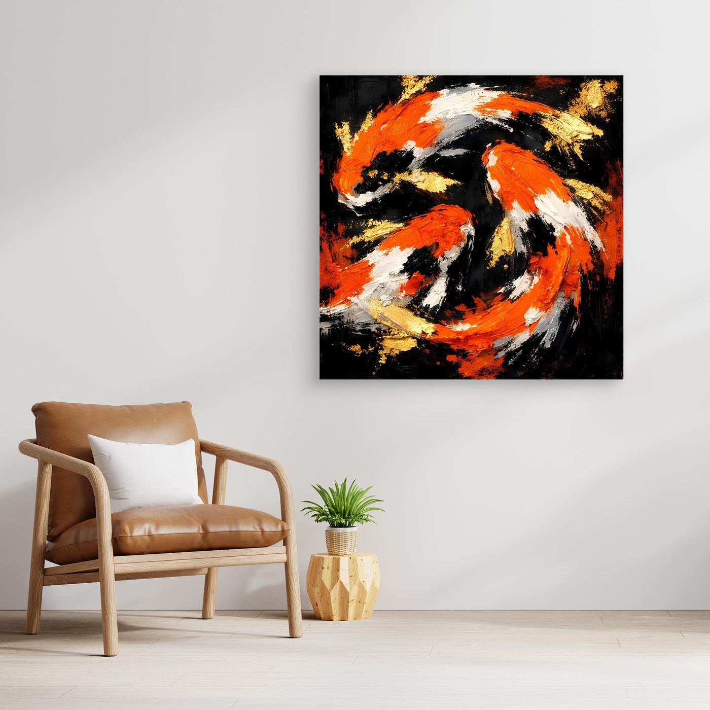 Leinwand Dynamische Koi-Karpfen | Abstraktes Yin Yang Wandbild Gold Orange