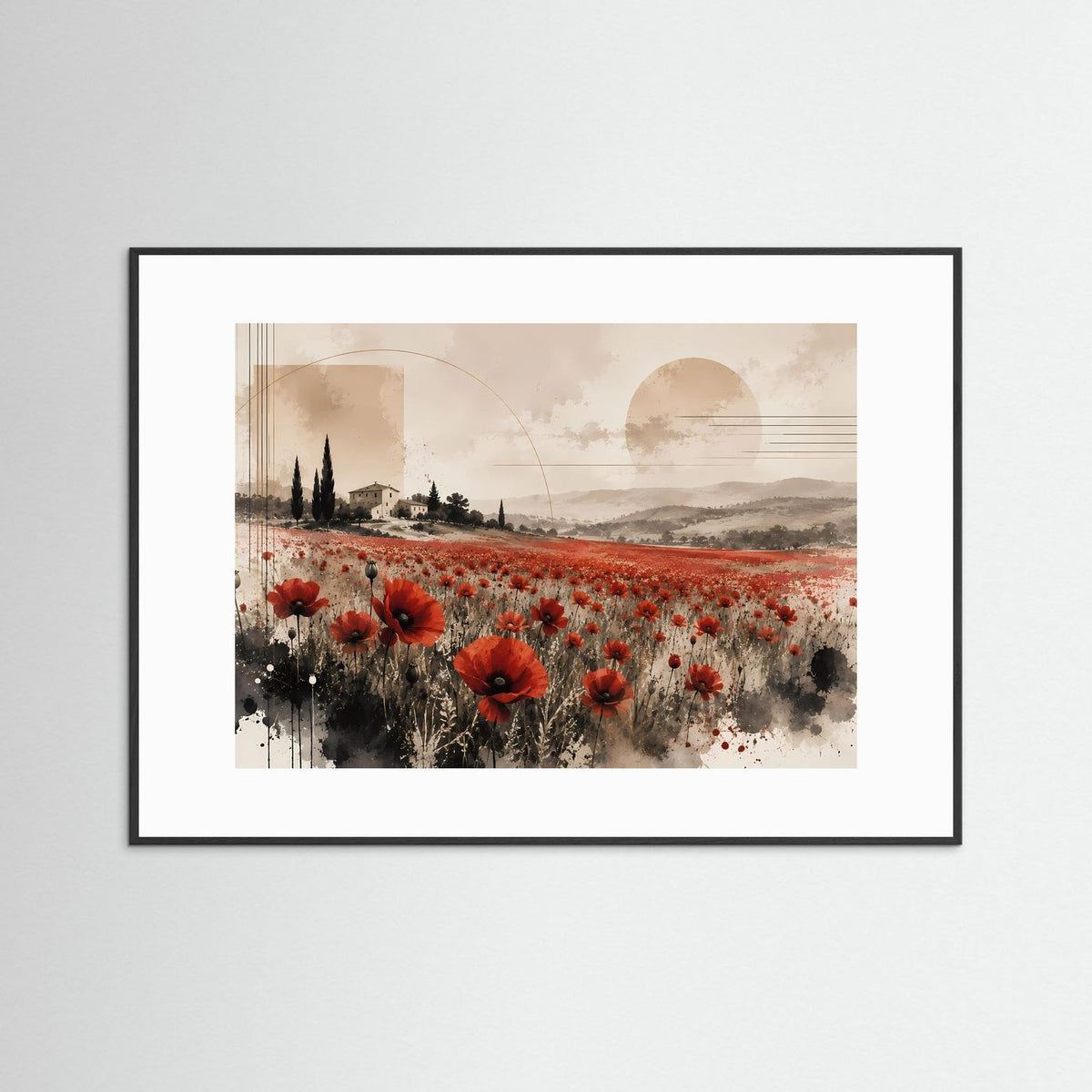Querformat-Poster mit roten Mohnblumen im Feld, in schwarzem Rahmen.