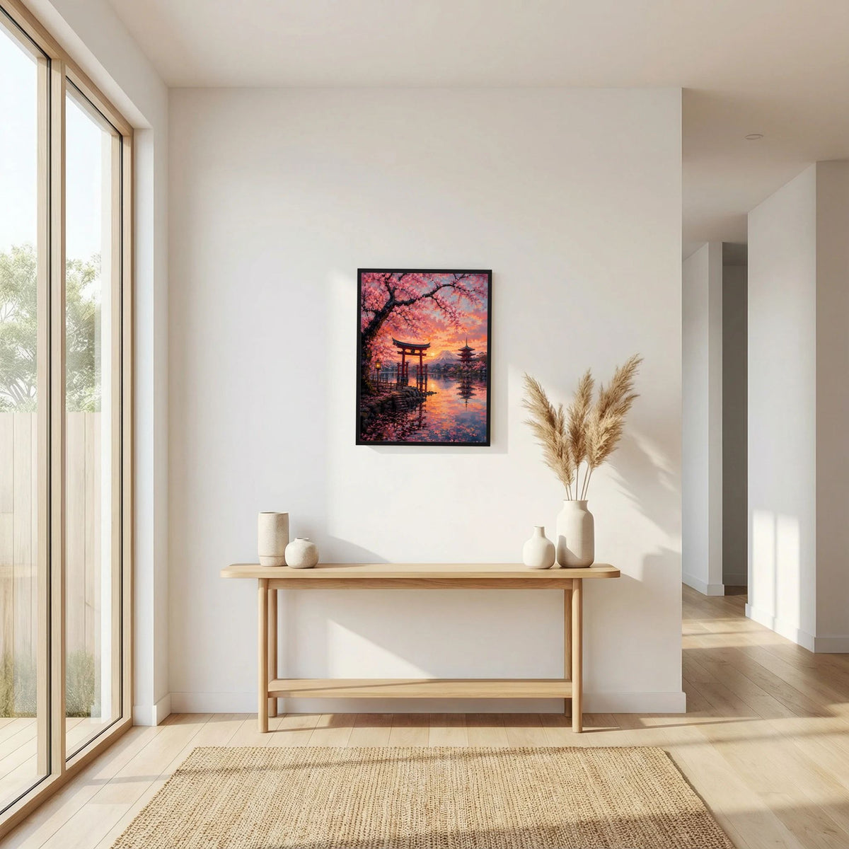 Schwarz gerahmtes hochformatiges Poster mit Torii, Kirschblütenzweigen und Fuji im Abendhimmel