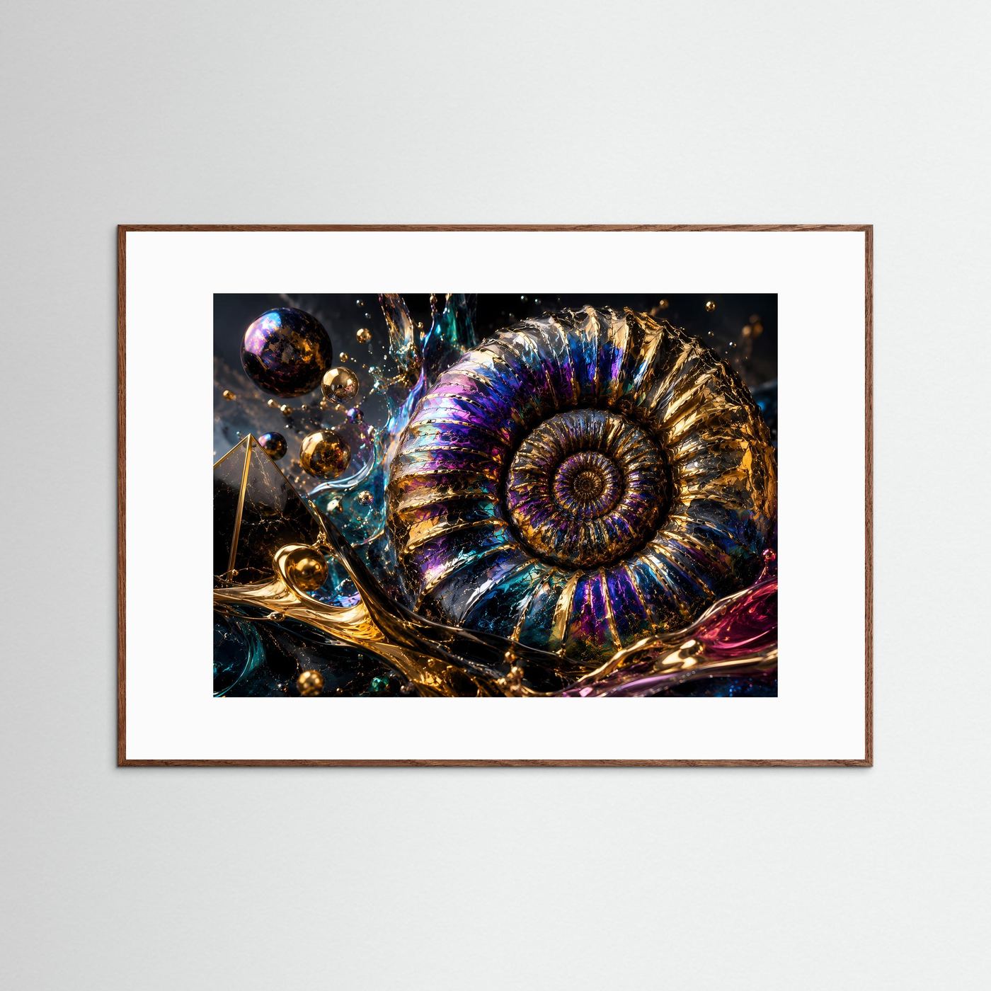 Ammonit Fossil Wandbild | Luxuriöse Geoden Kunst | Abstrakte Gold Blau Lila Wanddekoration | Moderne Premium Leinwand | Geometrische Naturkunst