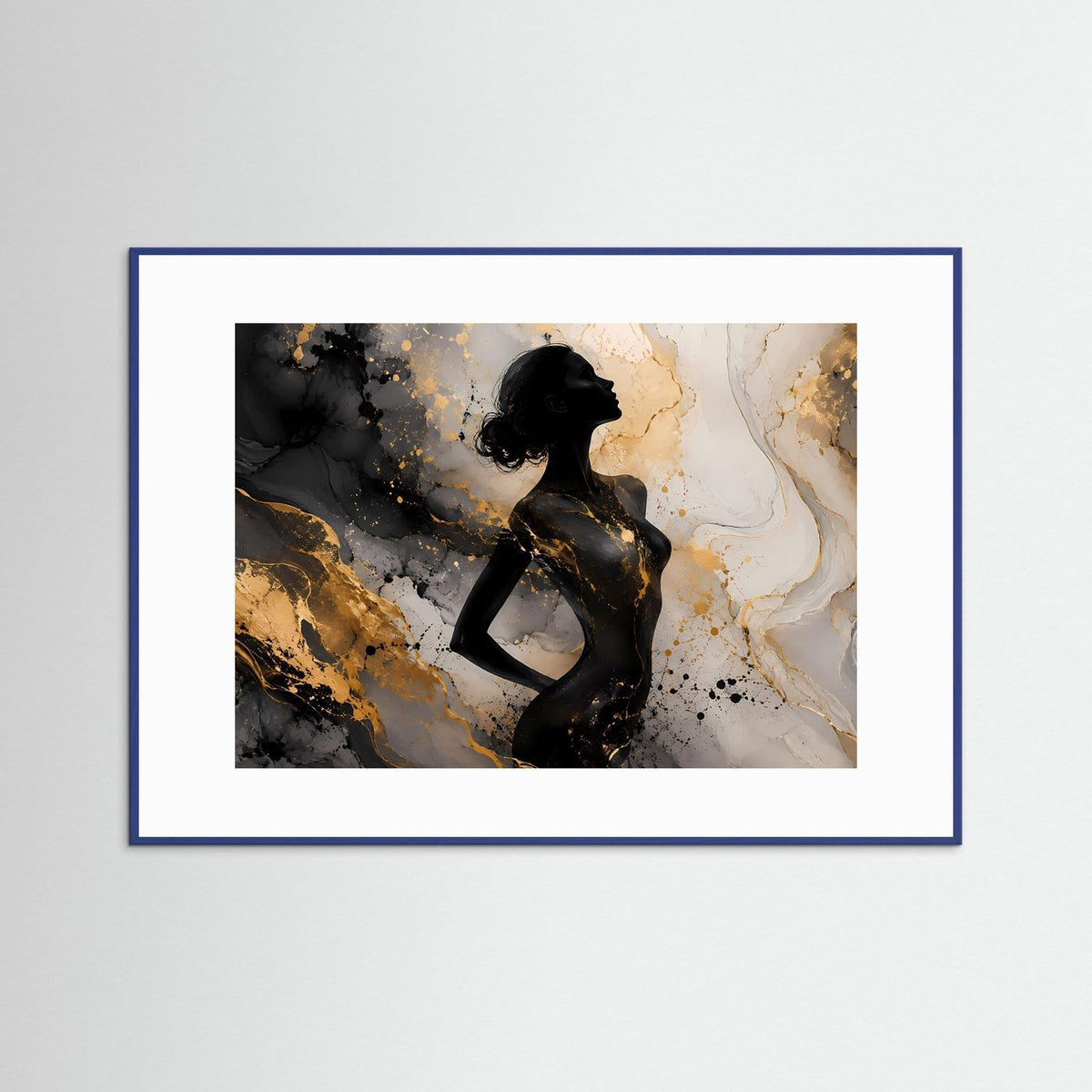 Wandbild mit abstrakter Frauensilhouette in Gold-Schwarz und Marmoreffekt, blau gerahmt
