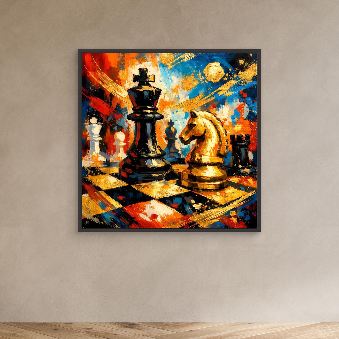 Leinwandbild mit abstraktem Schachspiel, dunkler Rahmen: schwarz-goldene Figuren im Fokus