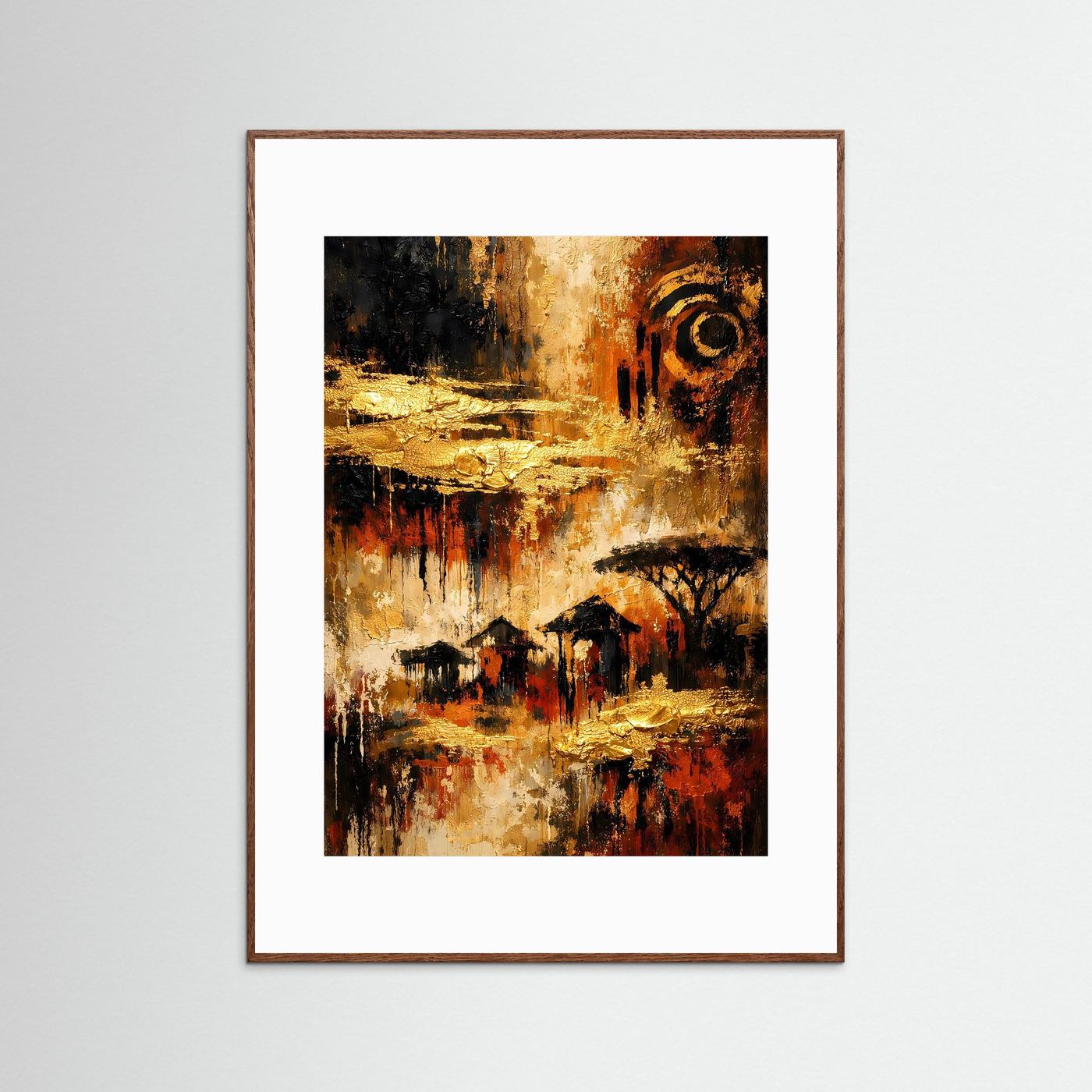 Hochformatiges Ethno-Kunstposter in Gold, Terrakotta und Schwarz, braun gerahmt