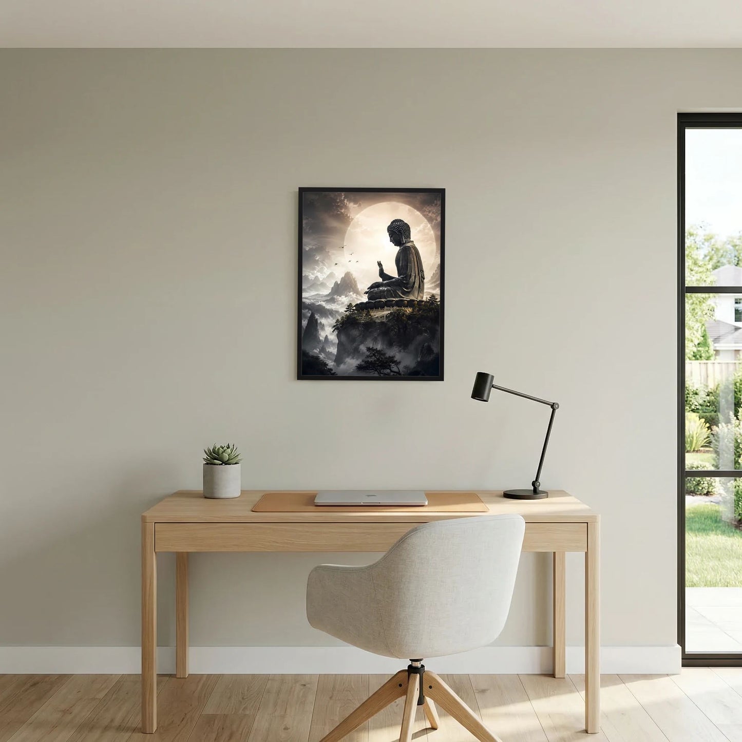 Hochformat-Poster an der Wand: Meditierender Buddha mit Halbmond-Licht über Bergen
