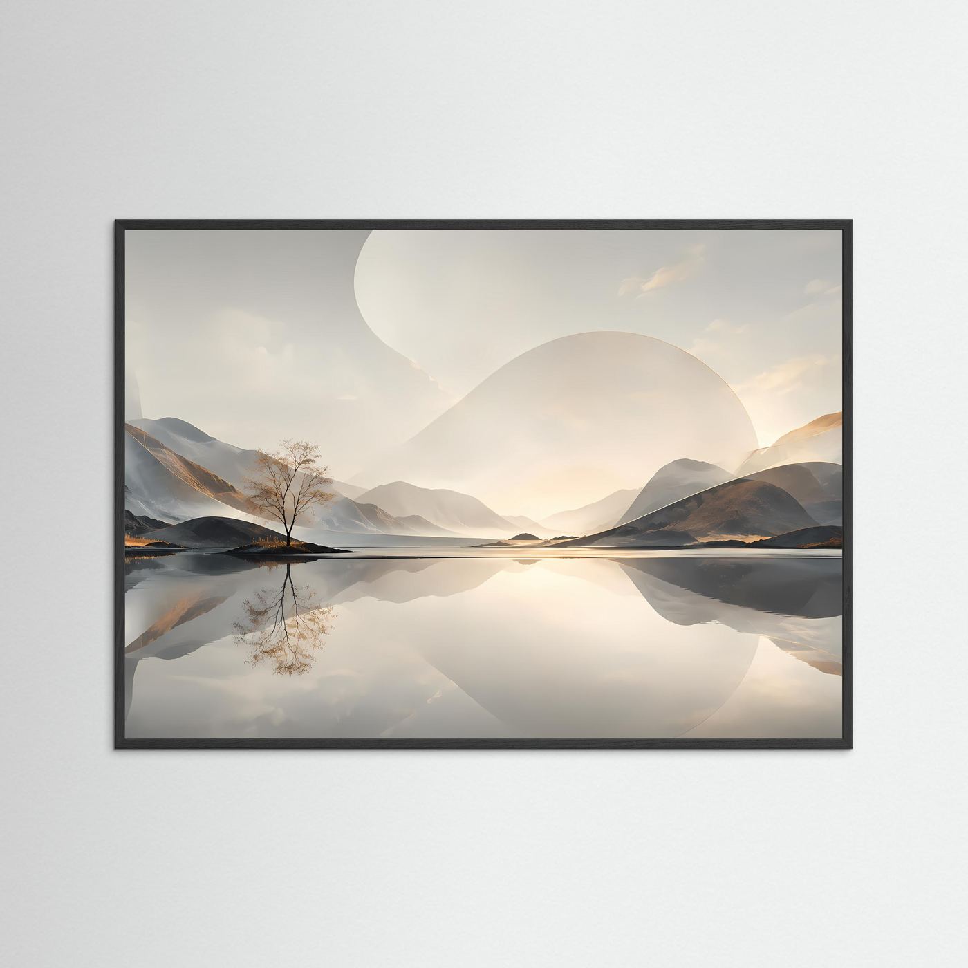 Minimalistische Berglandschaft Poster | Abstrakte Natur Landschaft Wandbild | Spiegelnder See | Modernes Panorama | Premium Leinwand Wall Art