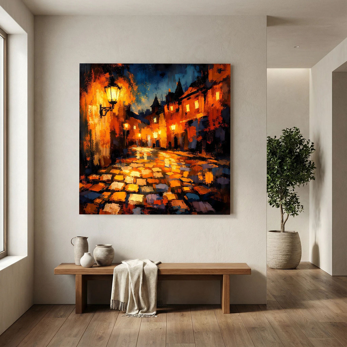 Leinwand Abstraktes Altstadt Gemälde | Modernes Romantisches Gassen Wandbild bei Nacht