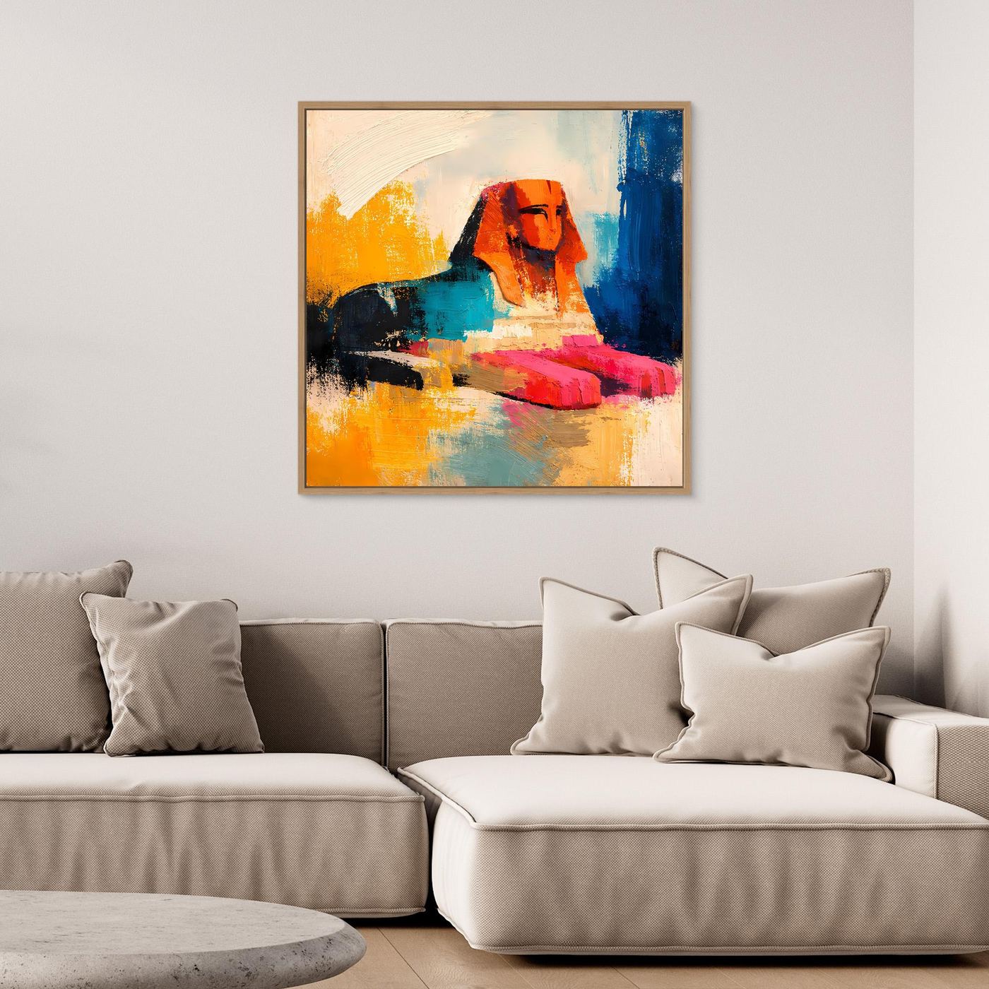 Framed abstract Egyptian sphinx canvas wall art with orange, blue, teal, and pink strokes