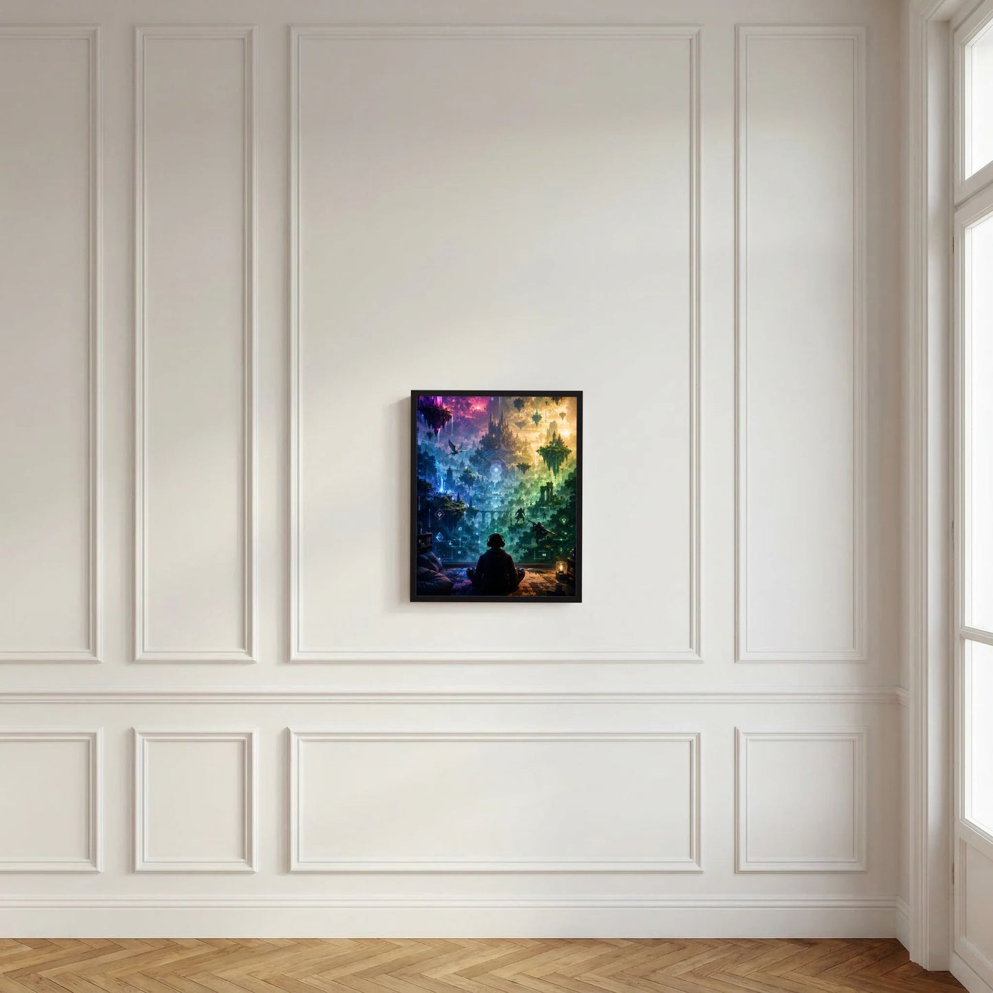 Kunstposter im schwarzen Rahmen in weißer Umgebung, Fantasy-Gaming-Szene in Blau-Grün-Gelb