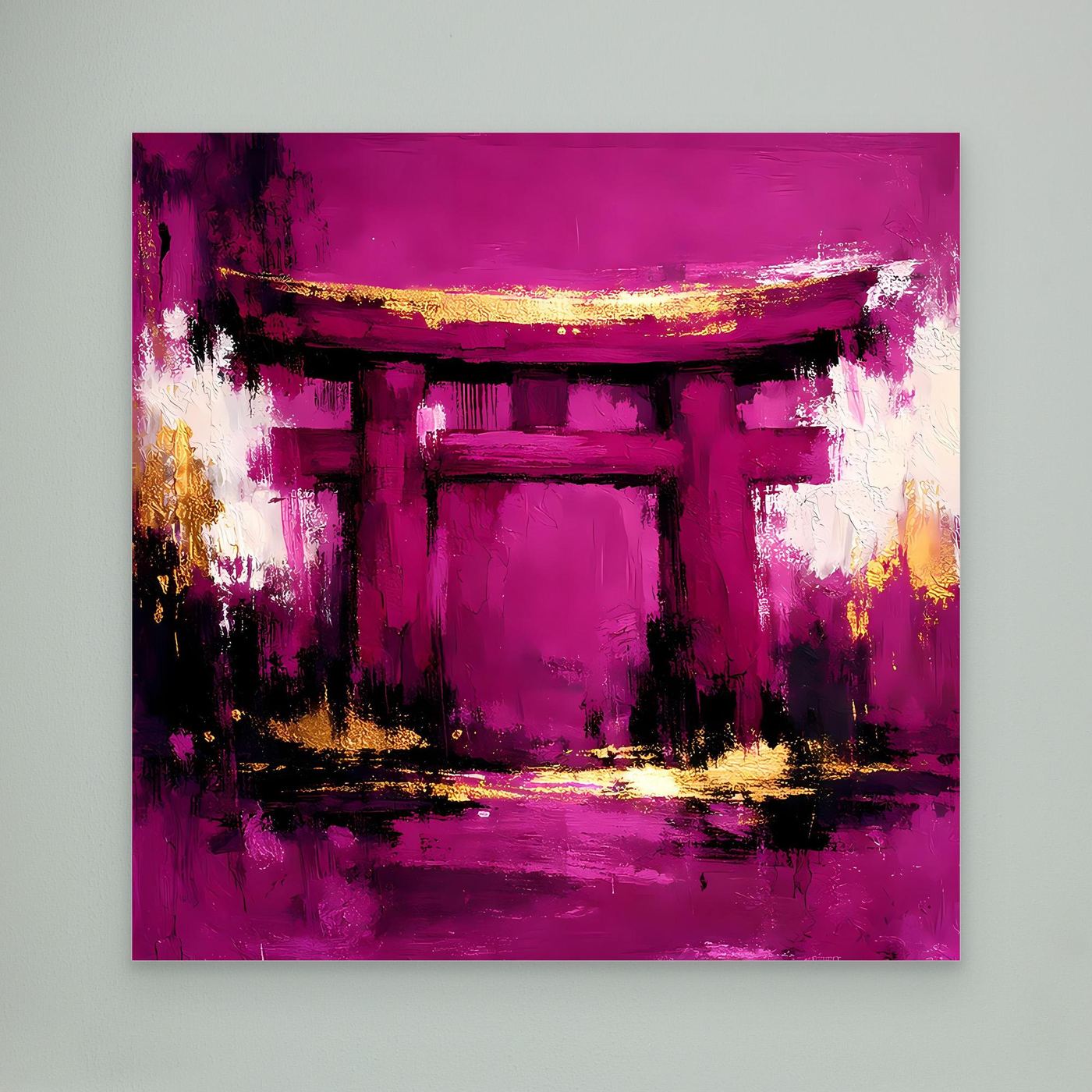 Leinwand Mystisches Torii-Tor in Magenta | Abstraktes Japan Wandbild Moderne Kunst