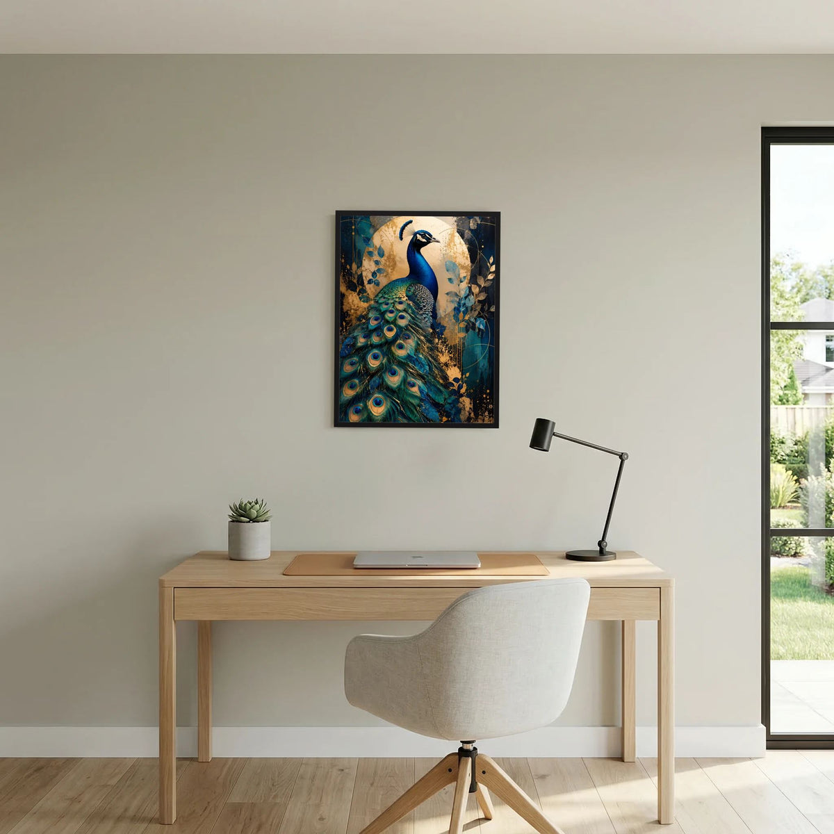 Gerahmtes Hochformat-Poster: blauer Pfau mit goldgelben Farbsprenkel-Akzenten.
