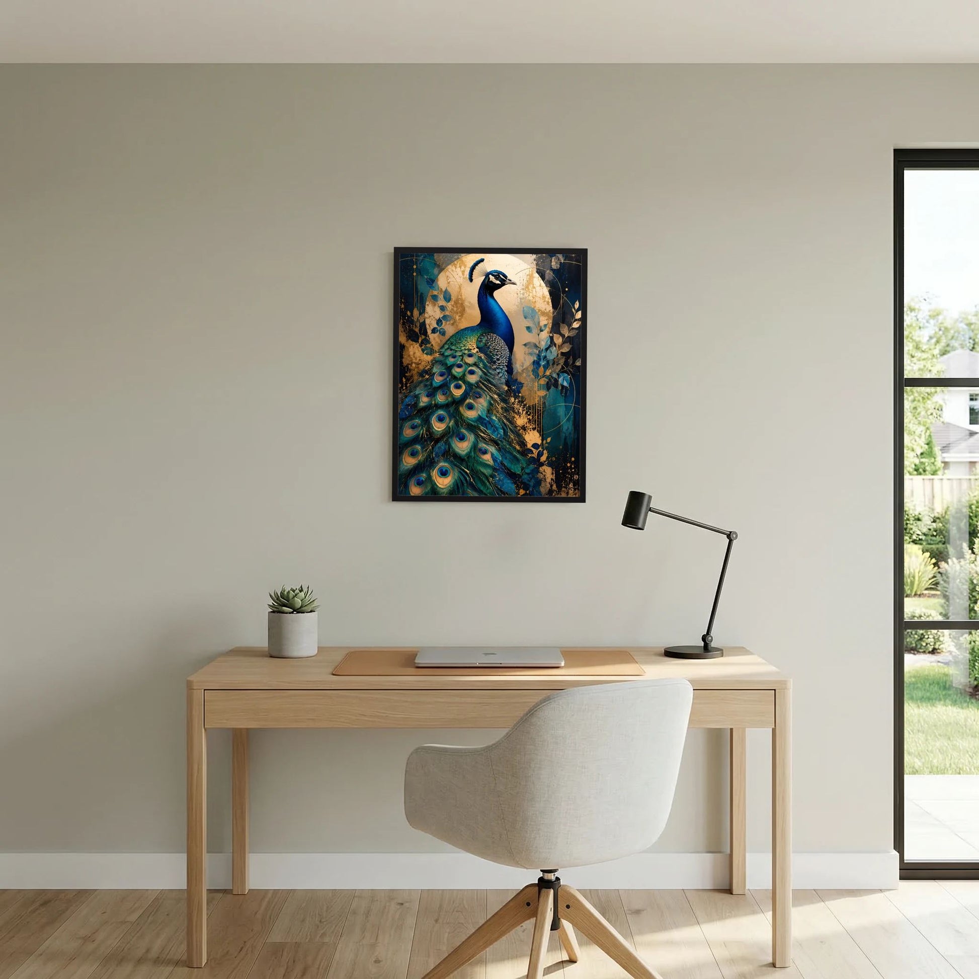 Gerahmtes Hochformat-Poster: blauer Pfau mit goldgelben Farbsprenkel-Akzenten.