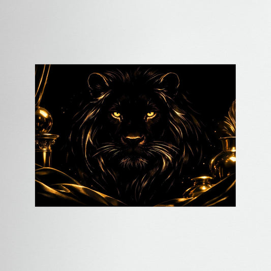 Löwenkopf-Wandbild im Querformat, schwarze Motivfläche mit goldenen Highlights, ohne Rahmen.