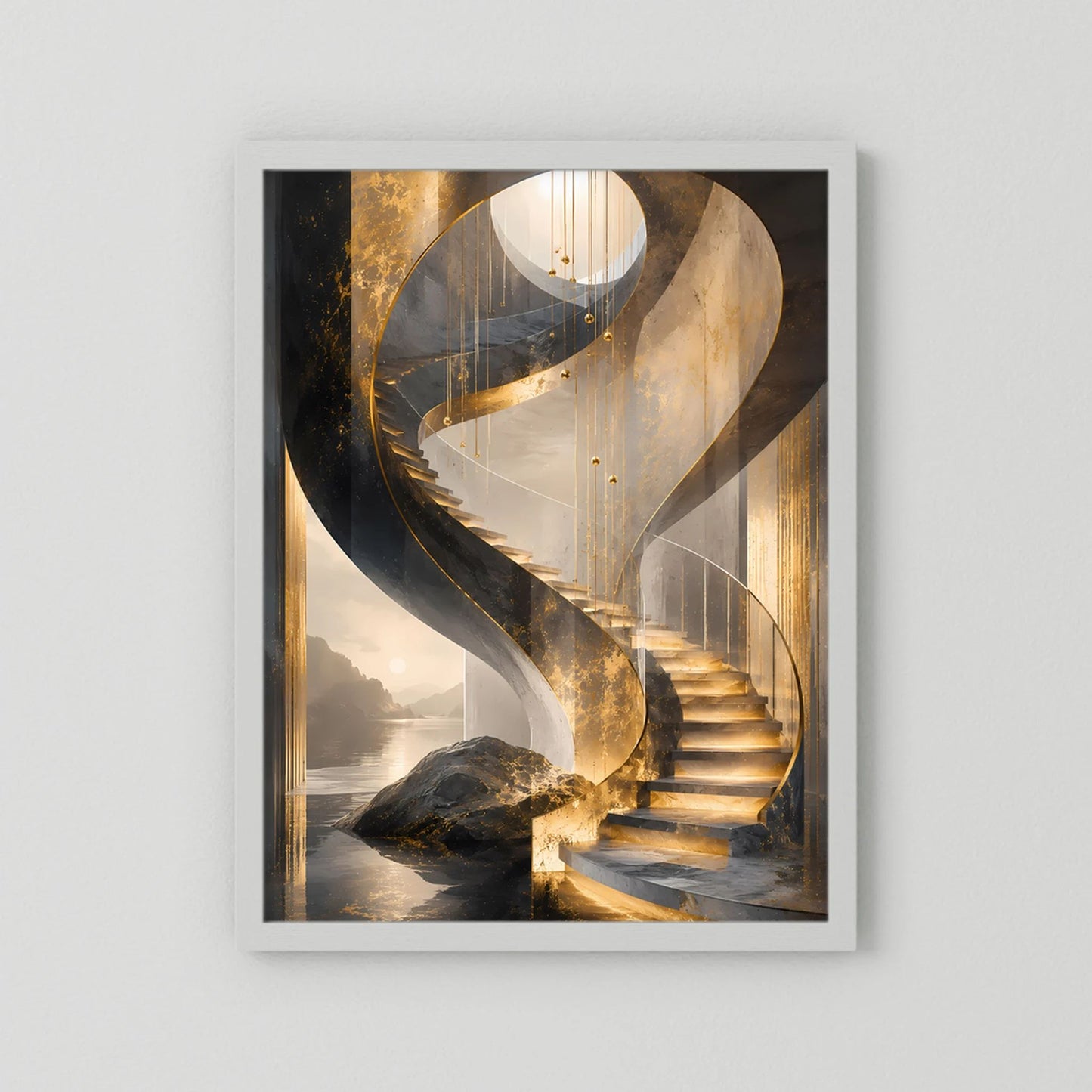 Poster mit hellem Rahmen, abstrakte goldene Spiraltreppe im Hochformat