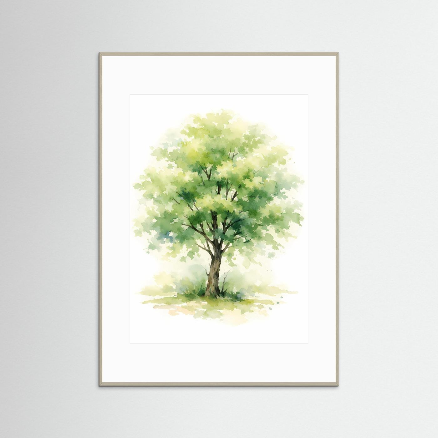 Aquarell-Poster mit Lebensbaum, grüner Baum in Wasserfarben, grauer Rahmen