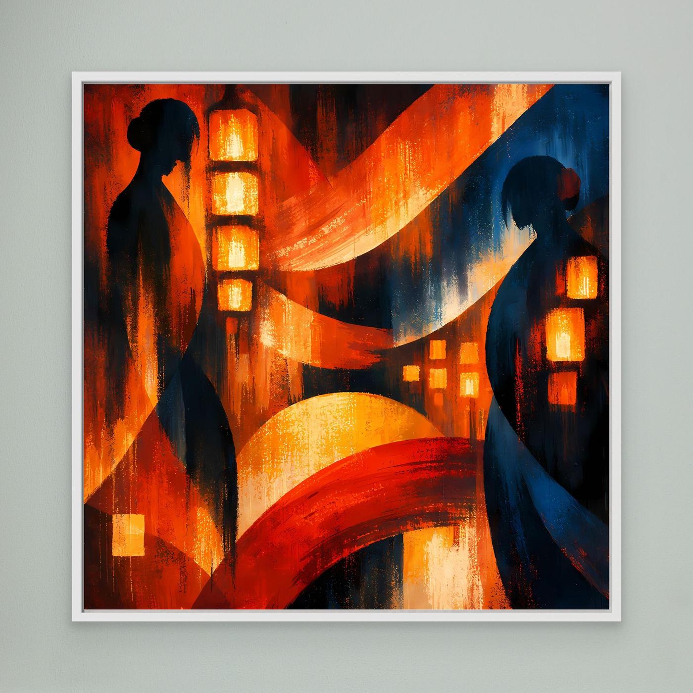 Japanisches Wandbild mit zwei Geishas, roten und blauen Bögen sowie Laternen in warmem Licht.