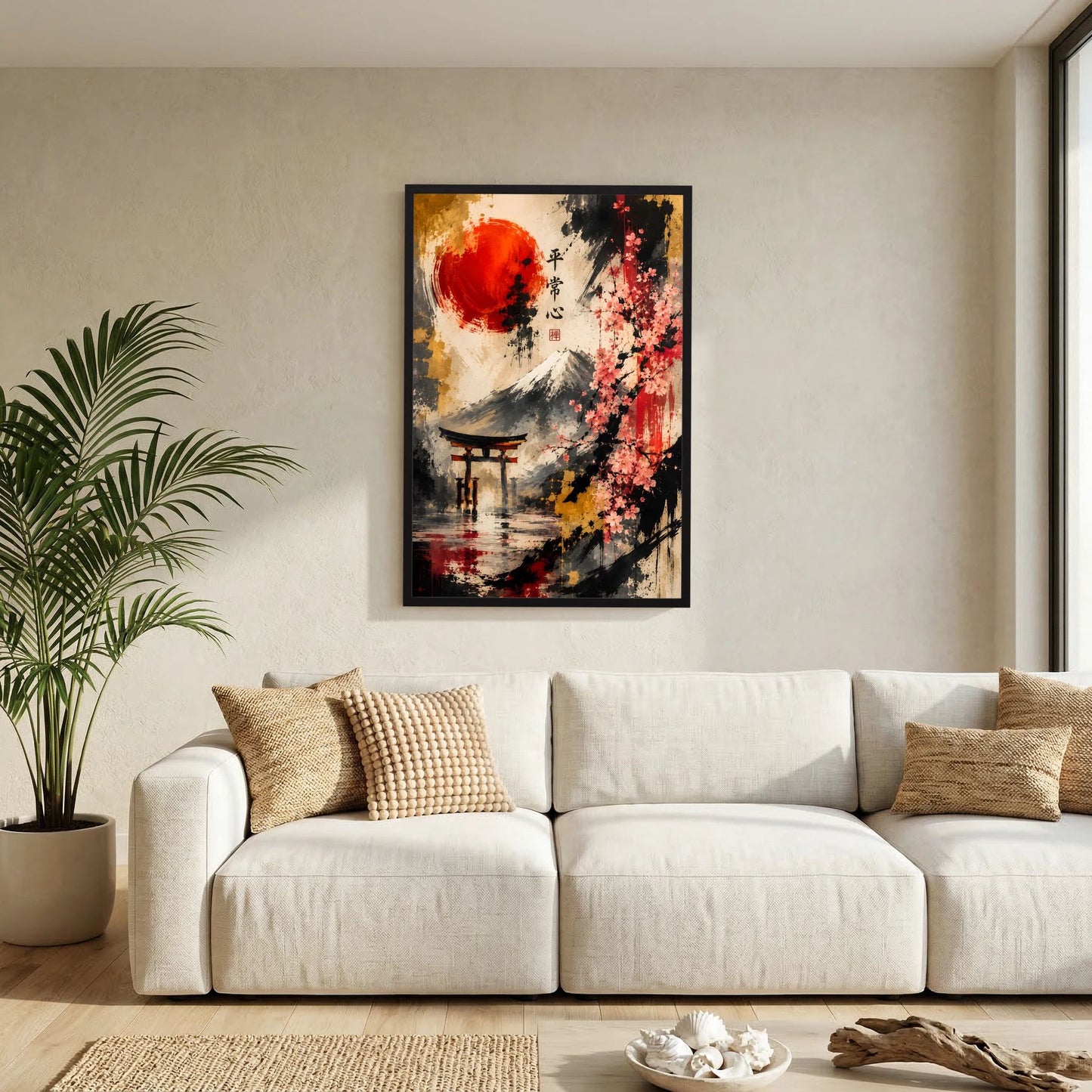 Abstraktes Fuji-Poster mit Kirschblüten und roter Sonne im schwarzen Rahmen