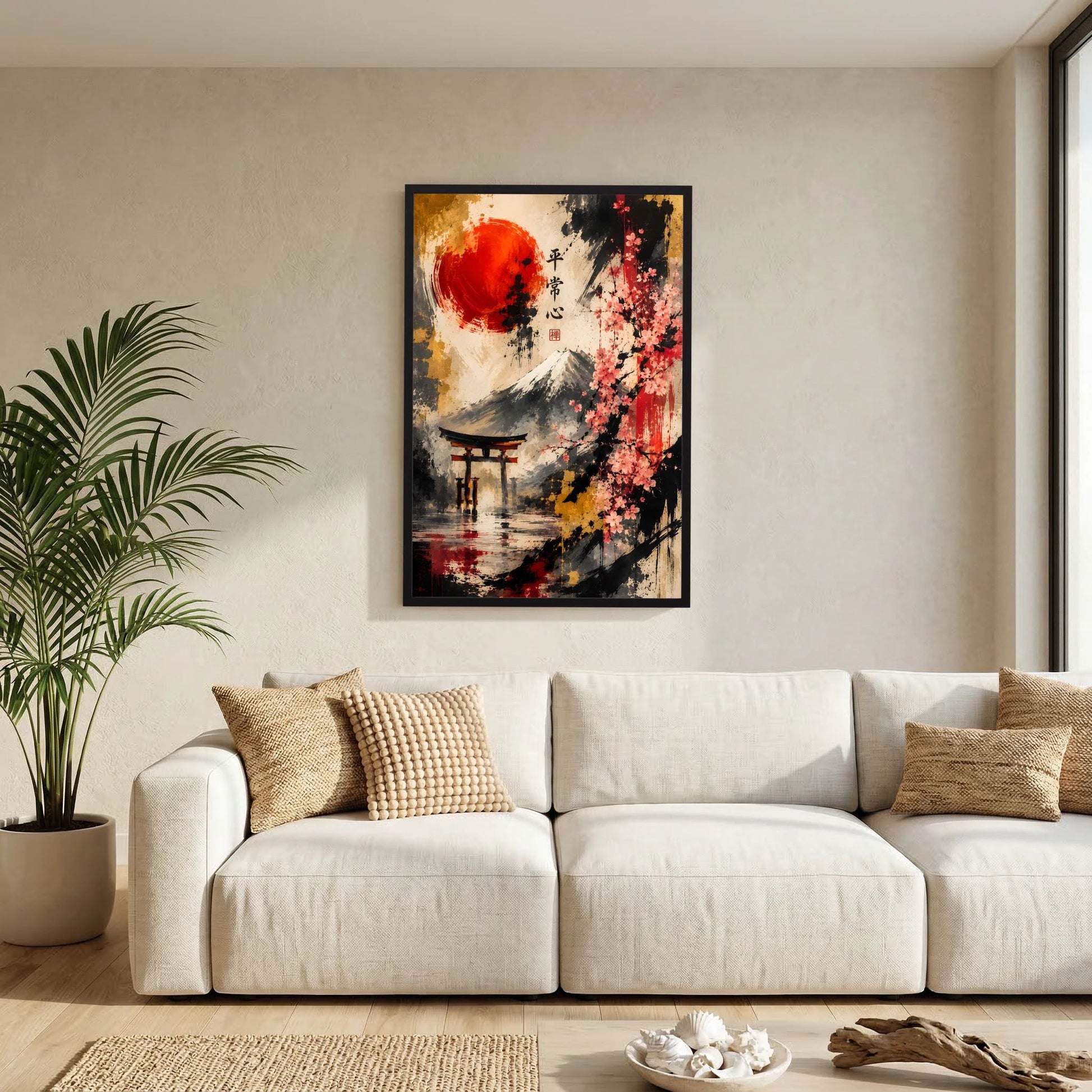 Abstraktes Fuji-Poster mit Kirschblüten und roter Sonne im schwarzen Rahmen