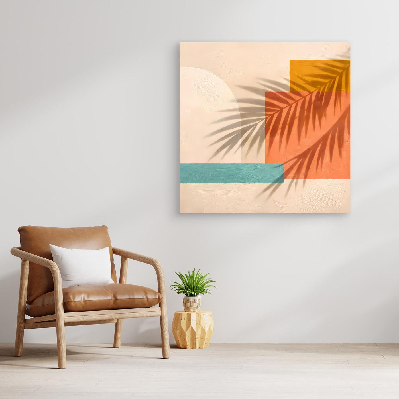 Leinwand Abstrakte Geometrie mit Palmenschatten | Modernes Boho Wandbild Terracotta